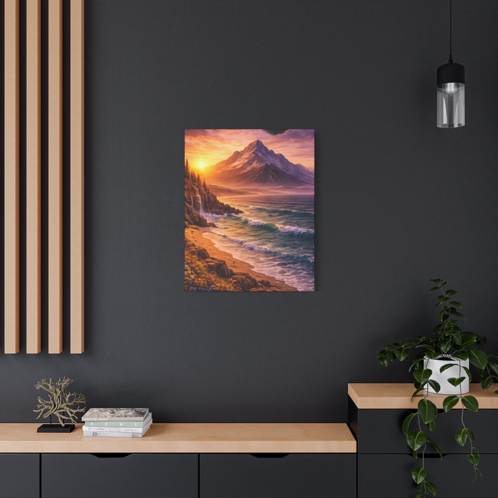 Sunset Mountain Shore Canvas Print - Matte Stretched Wall Art - Mountain and beach Canvas