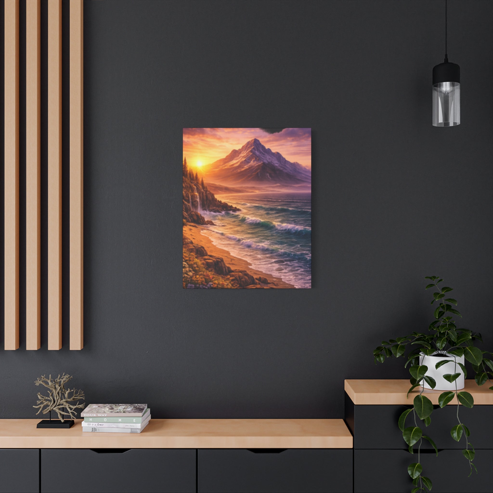 Sunset Mountain Shore Canvas Print - Matte Stretched Wall Art - Mountain and beach Canvas