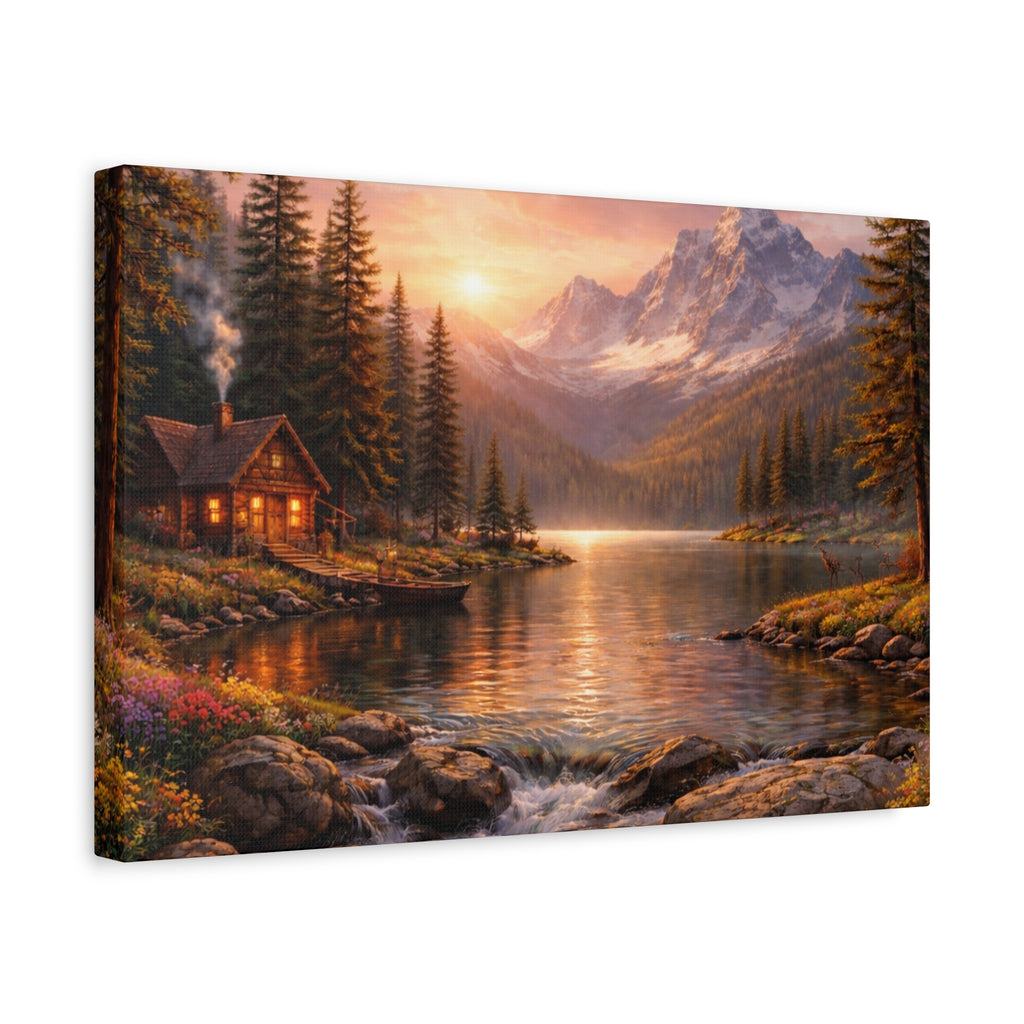 Mountain Lake Cabin Matte Canvas Print - Sunset Landscape Wall Art - Mountain Art canvases