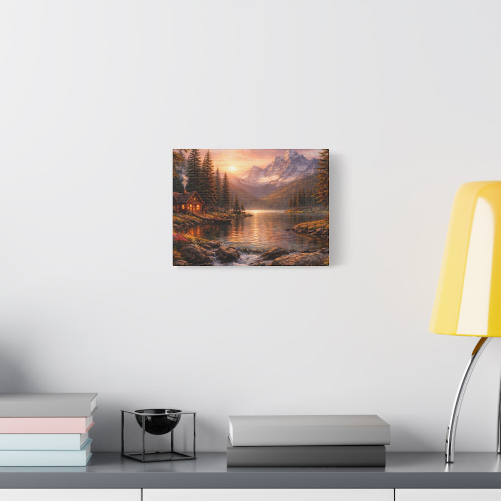 Mountain Lake Cabin Matte Canvas Print - Sunset Landscape Wall Art - Mountain Art canvases