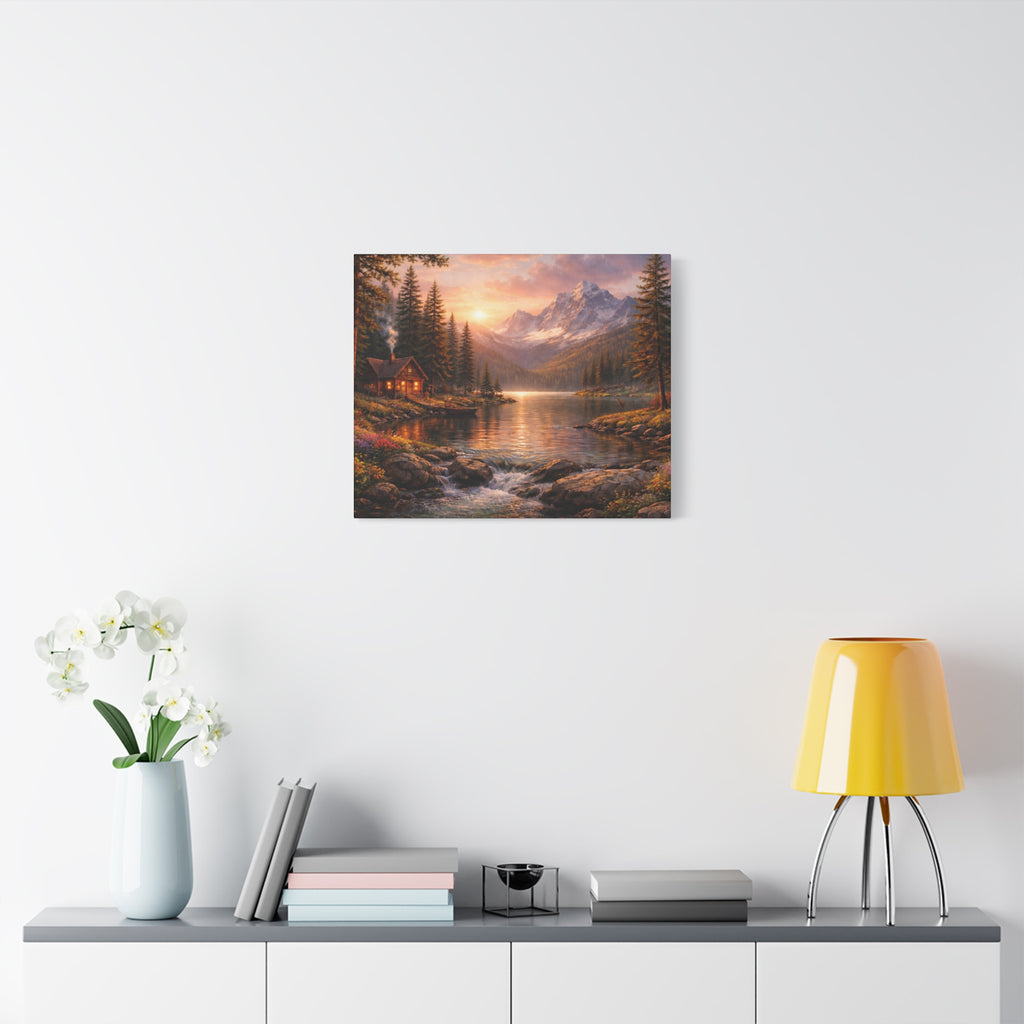 Mountain Lake Cabin Matte Canvas Print - Sunset Landscape Wall Art - Mountain Art canvases