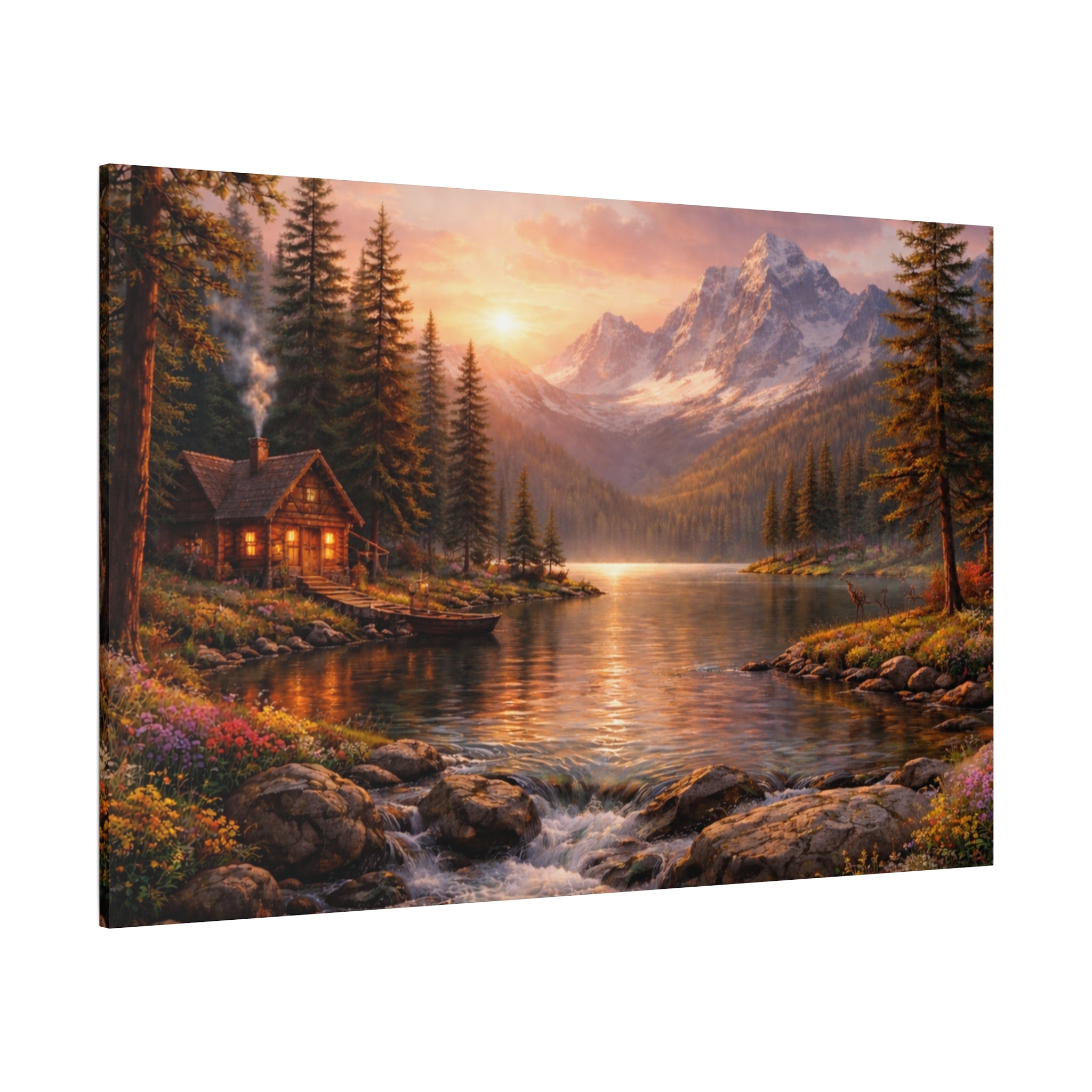 Mountain Lake Cabin Matte Canvas Print - Sunset Landscape Wall Art - Mountain Art canvases