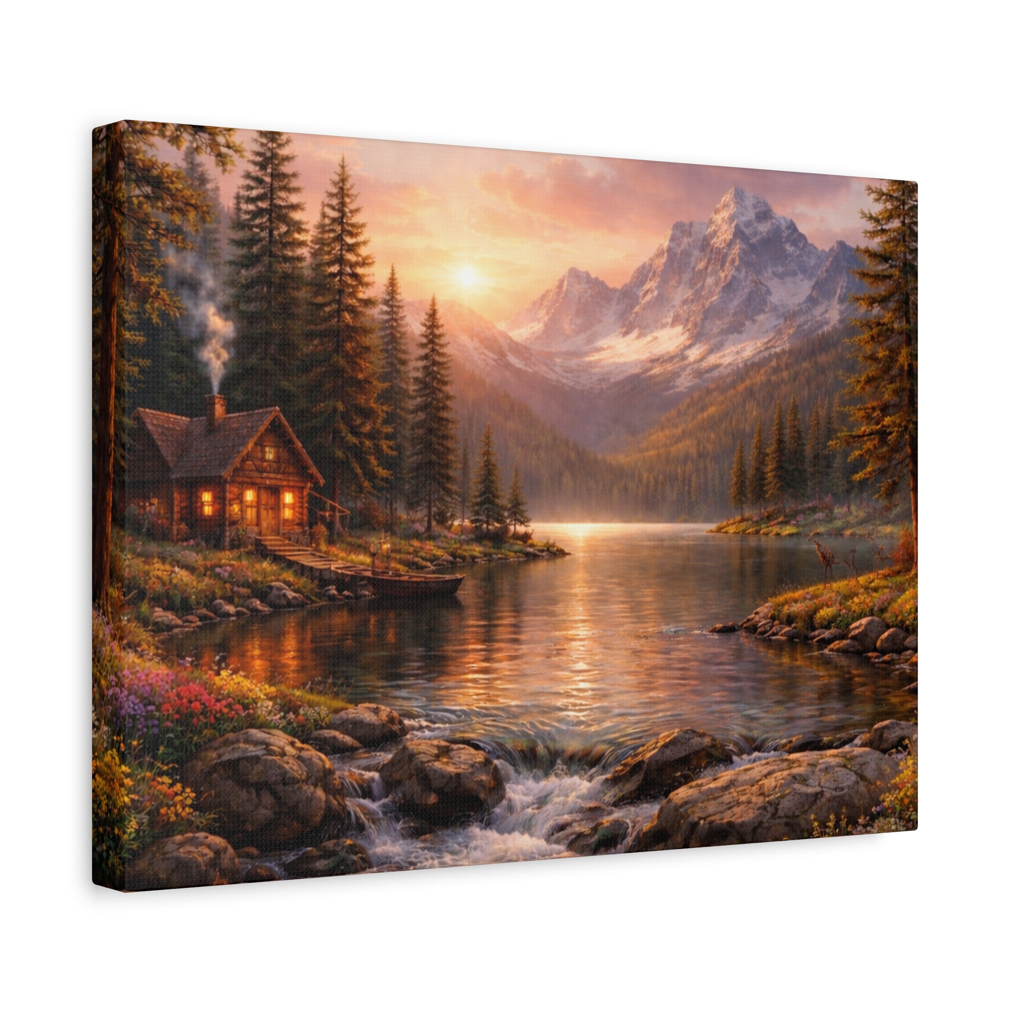 Mountain Lake Cabin Matte Canvas Print - Sunset Landscape Wall Art - Mountain Art canvases