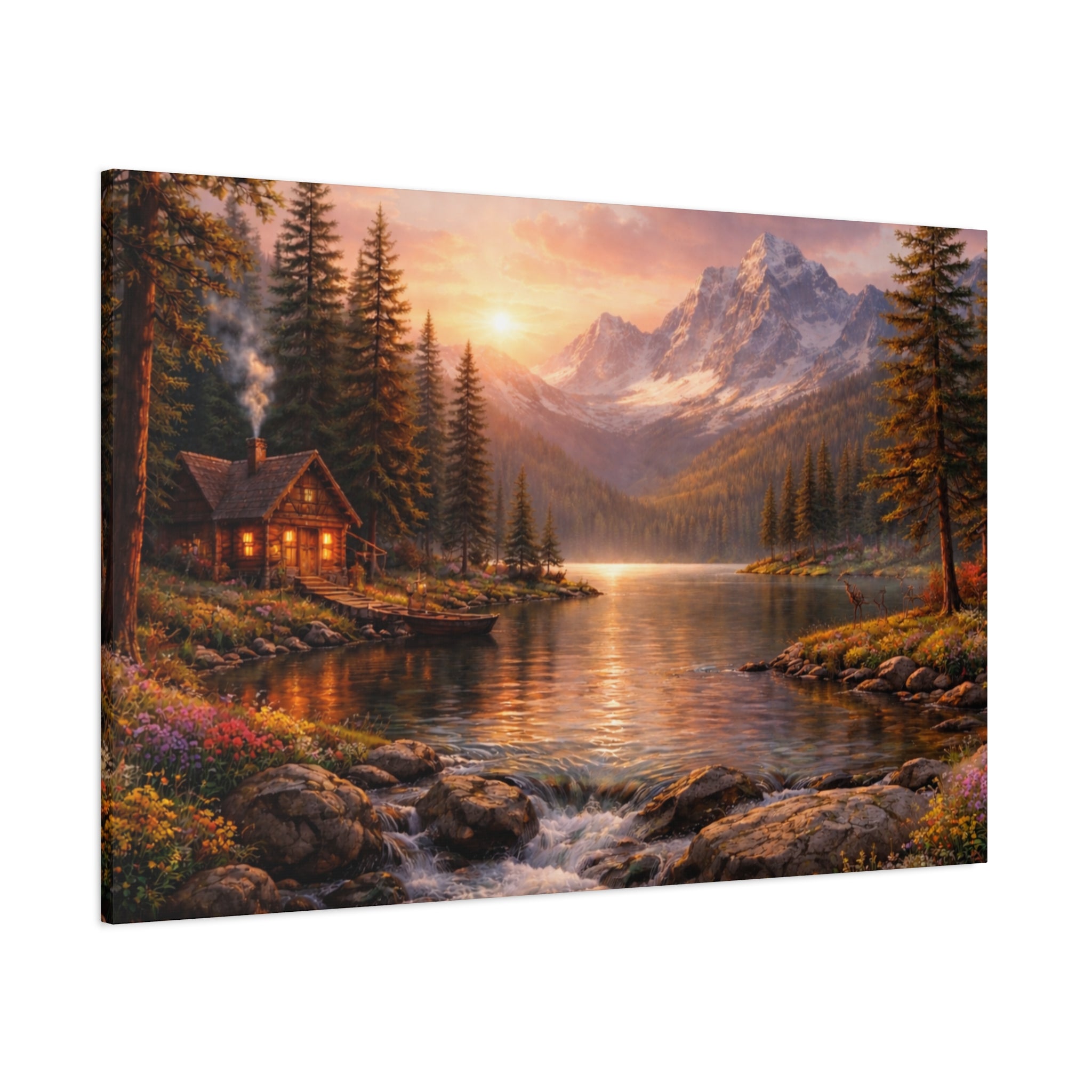 Mountain Lake Cabin Matte Canvas Print - Sunset Landscape Wall Art - Mountain Art canvases