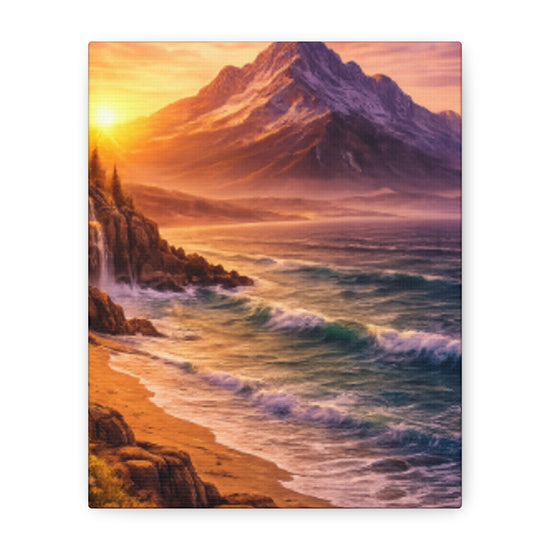 Sunset Mountain Shore Canvas Print - Matte Stretched Wall Art - Mountain and beach Canvas