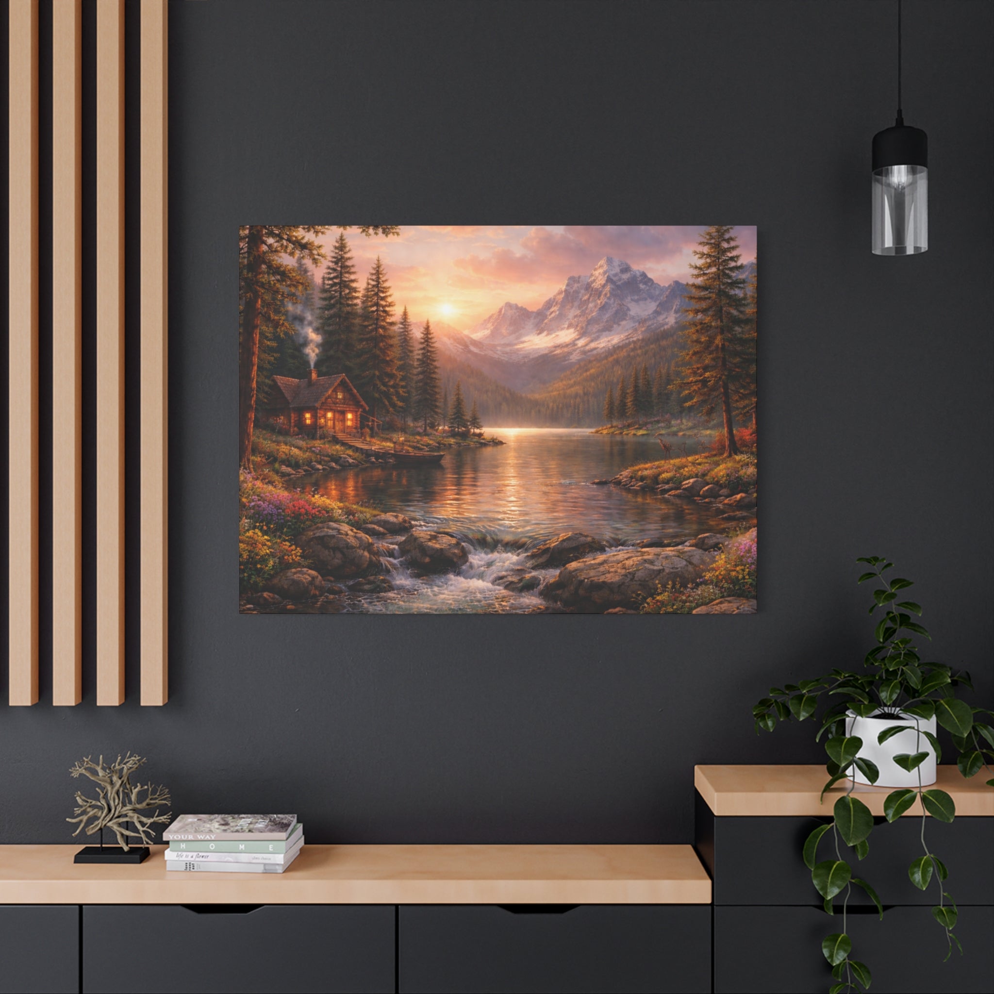 Mountain Lake Cabin Matte Canvas Print - Sunset Landscape Wall Art - Mountain Art canvases