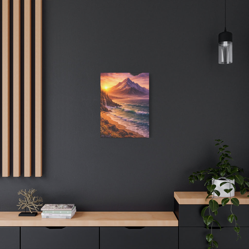 Sunset Mountain Shore Canvas Print - Matte Stretched Wall Art - Mountain and beach Canvas