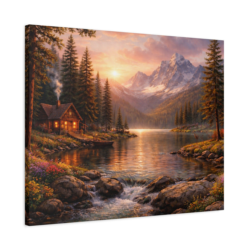 Mountain Lake Cabin Matte Canvas Print - Sunset Landscape Wall Art - Mountain Art canvases
