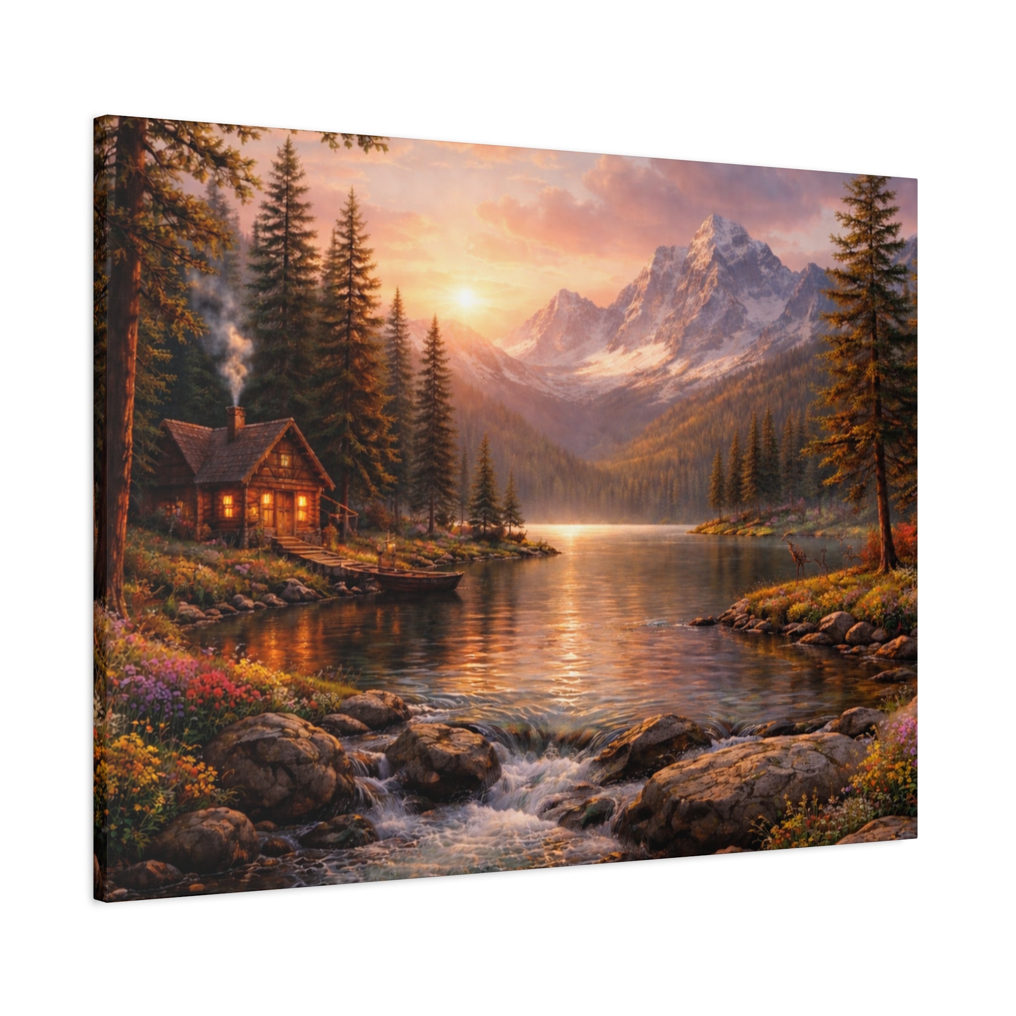 Mountain Lake Cabin Matte Canvas Print - Sunset Landscape Wall Art - Mountain Art canvases