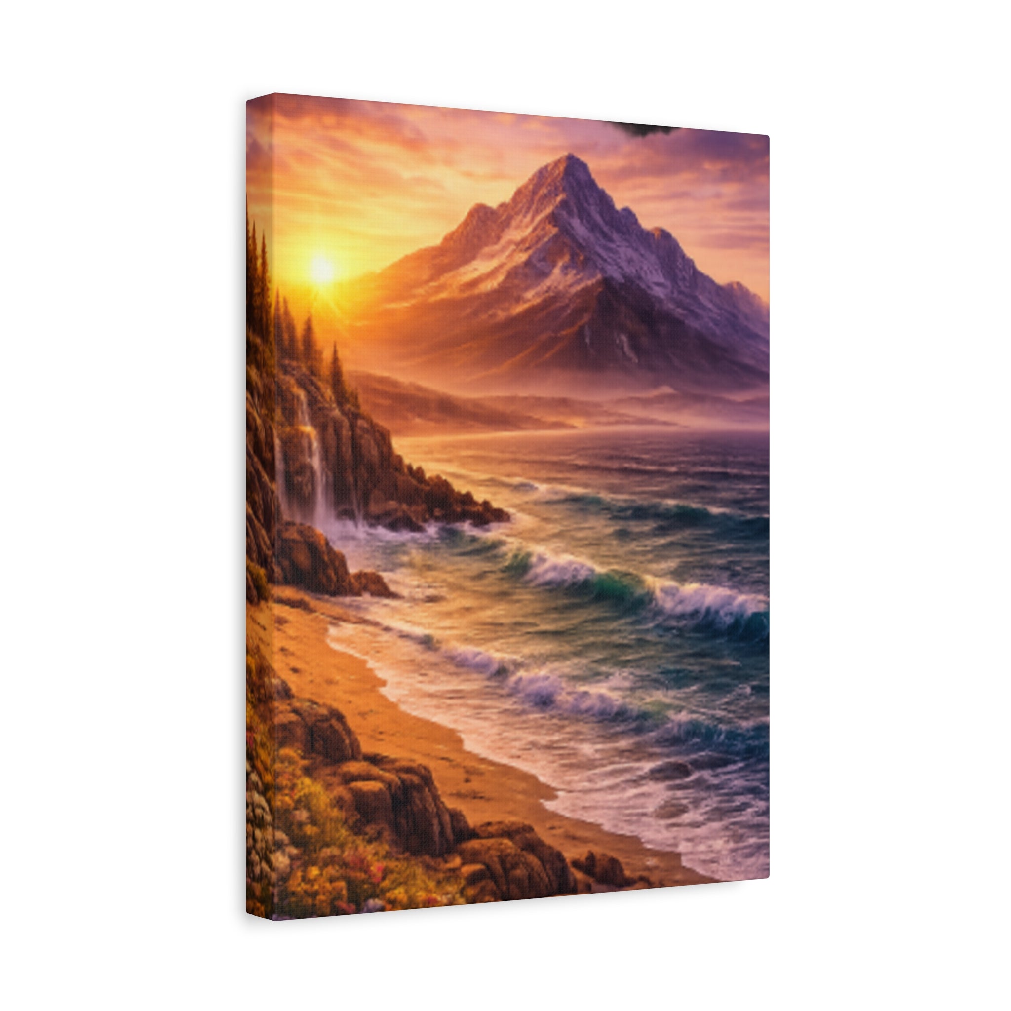 Sunset Mountain Shore Canvas Print - Matte Stretched Wall Art - Mountain and beach Canvas