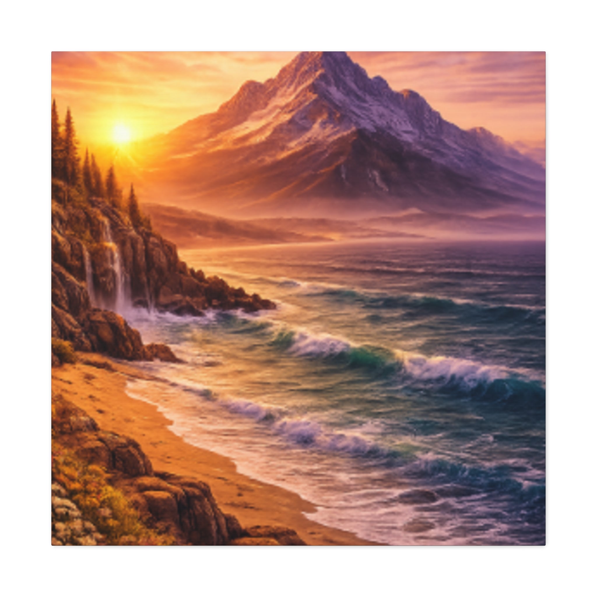 Sunset Mountain Shore Canvas Print - Matte Stretched Wall Art - Mountain and beach Canvas
