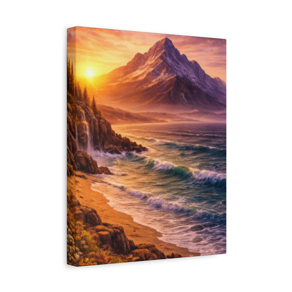 Sunset Mountain Shore Canvas Print - Matte Stretched Wall Art - Mountain and beach Canvas