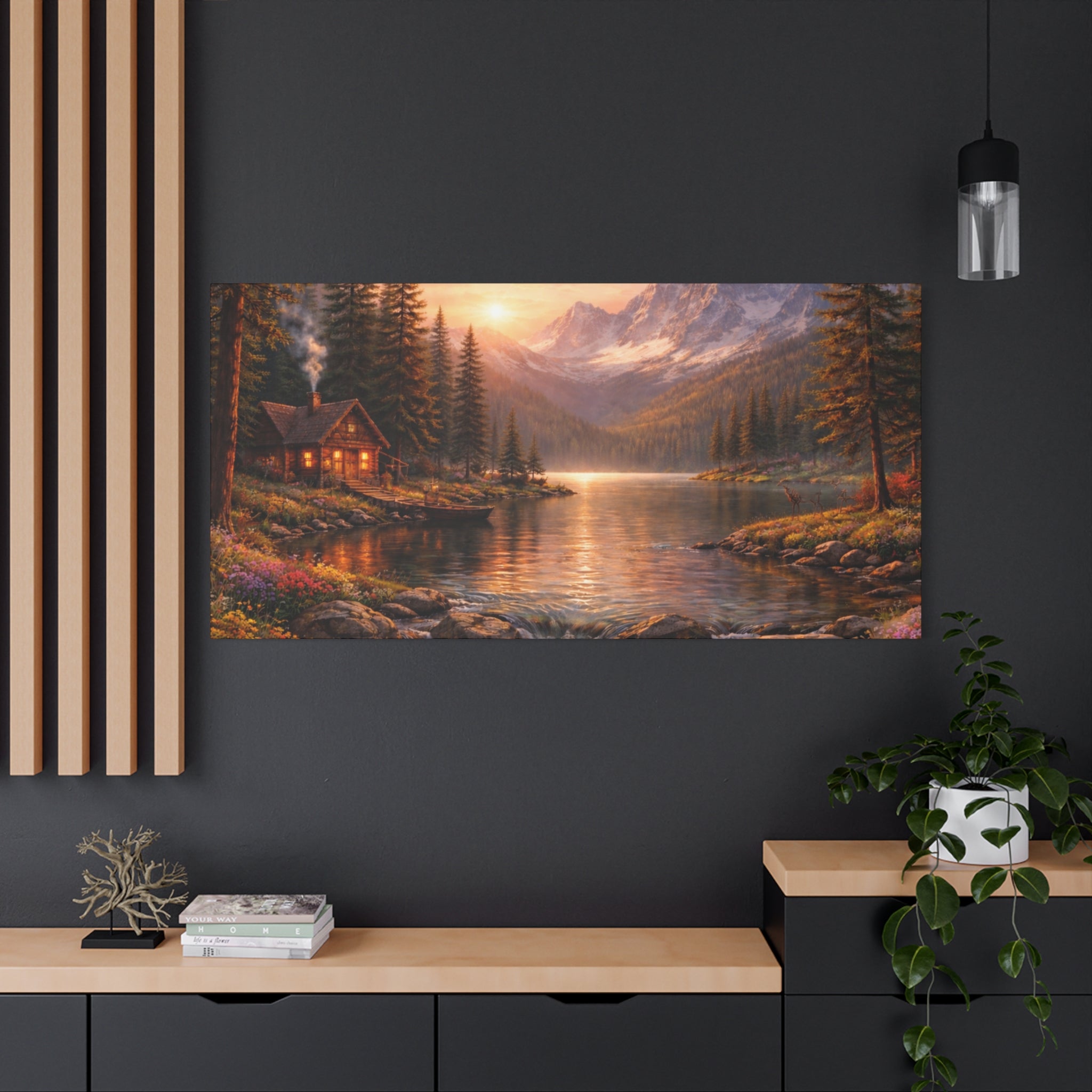 Mountain Lake Cabin Matte Canvas Print - Sunset Landscape Wall Art - Mountain Art canvases