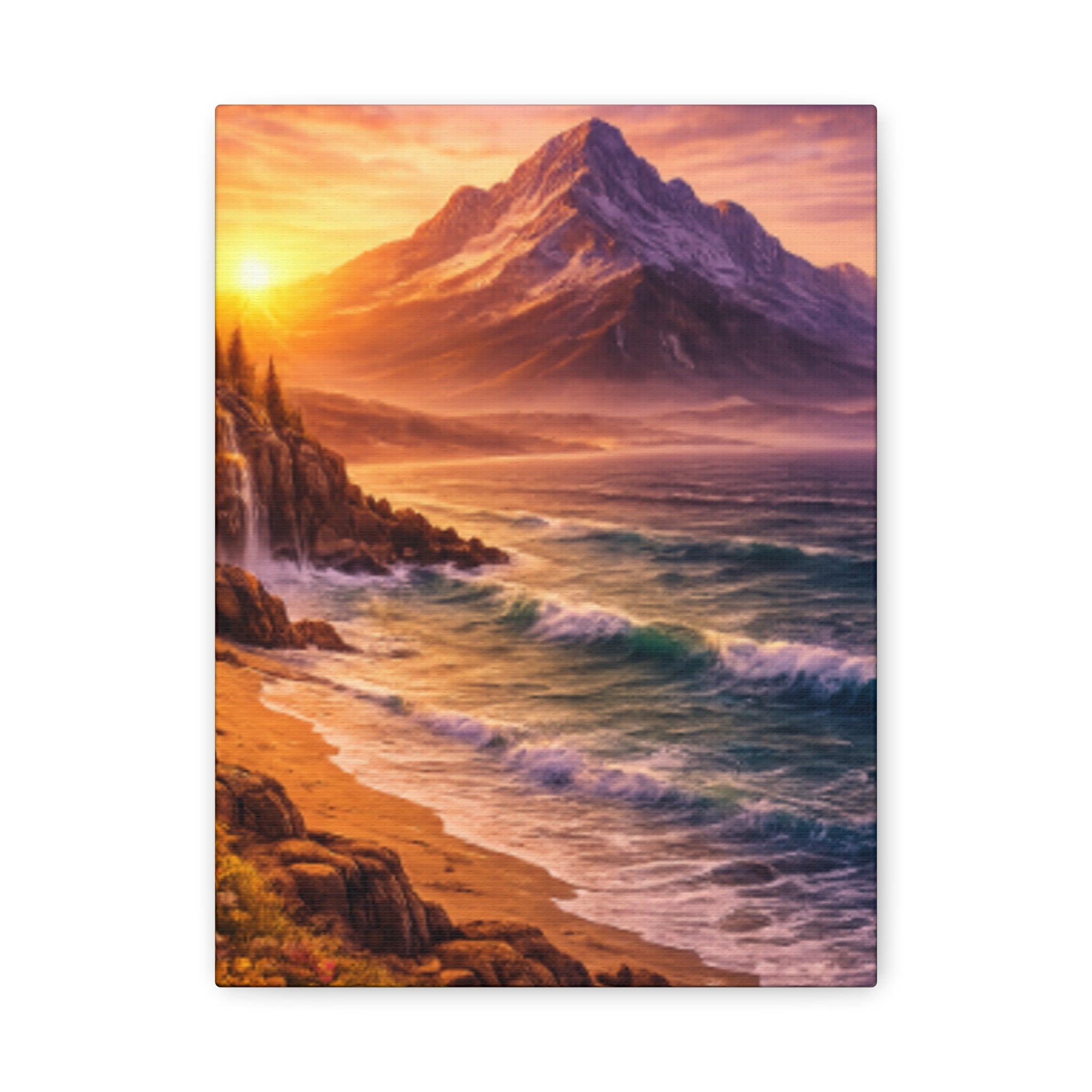 Sunset Mountain Shore Canvas Print - Matte Stretched Wall Art - Mountain and beach Canvas