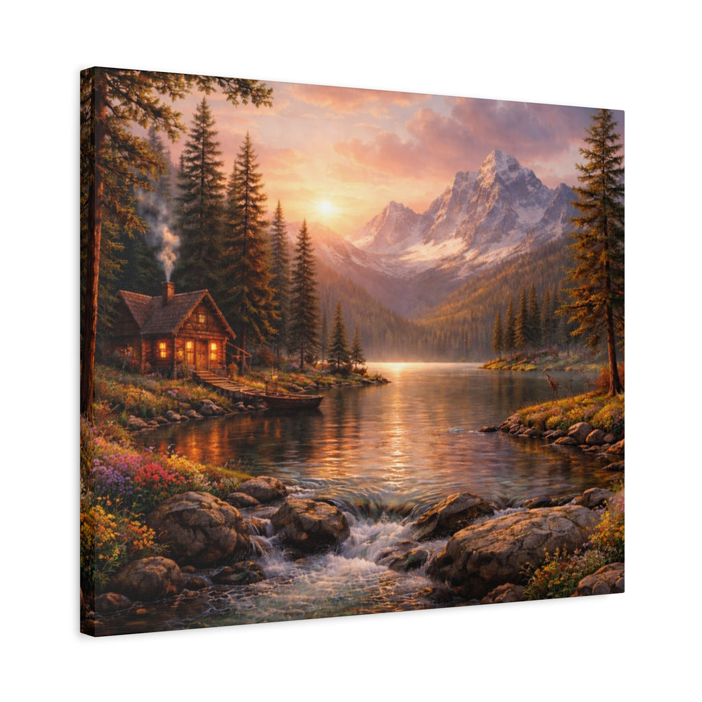 Mountain Lake Cabin Matte Canvas Print - Sunset Landscape Wall Art - Mountain Art canvases