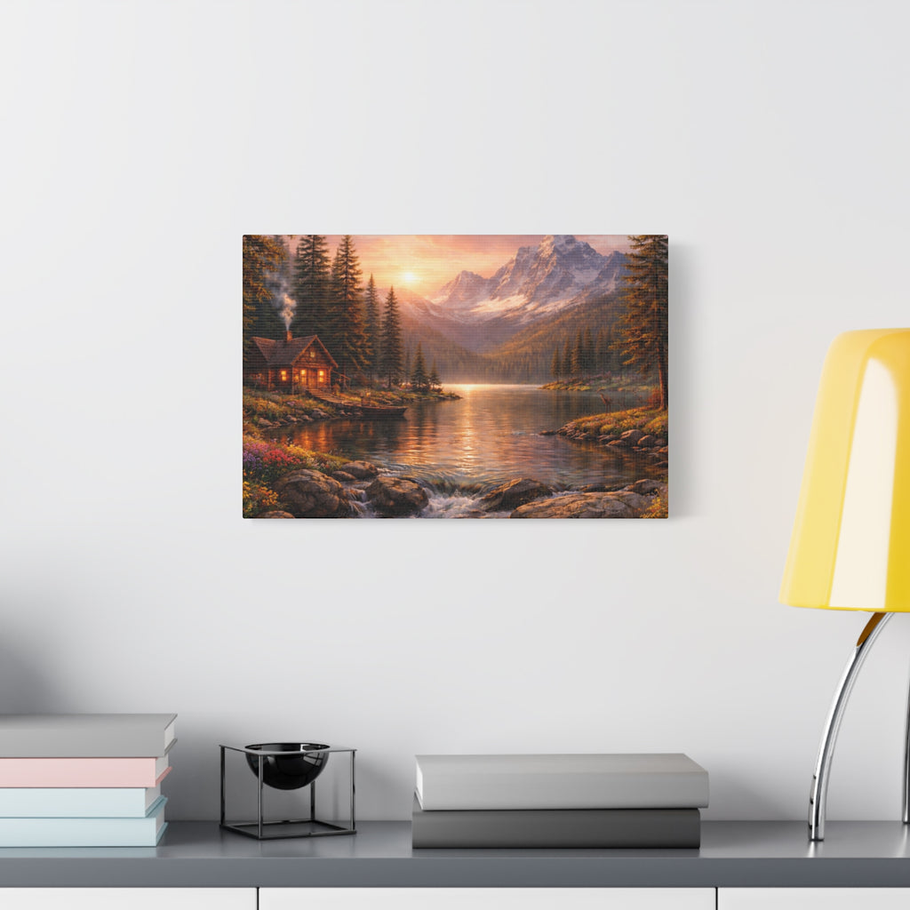 Mountain Lake Cabin Matte Canvas Print - Sunset Landscape Wall Art - Mountain Art canvases