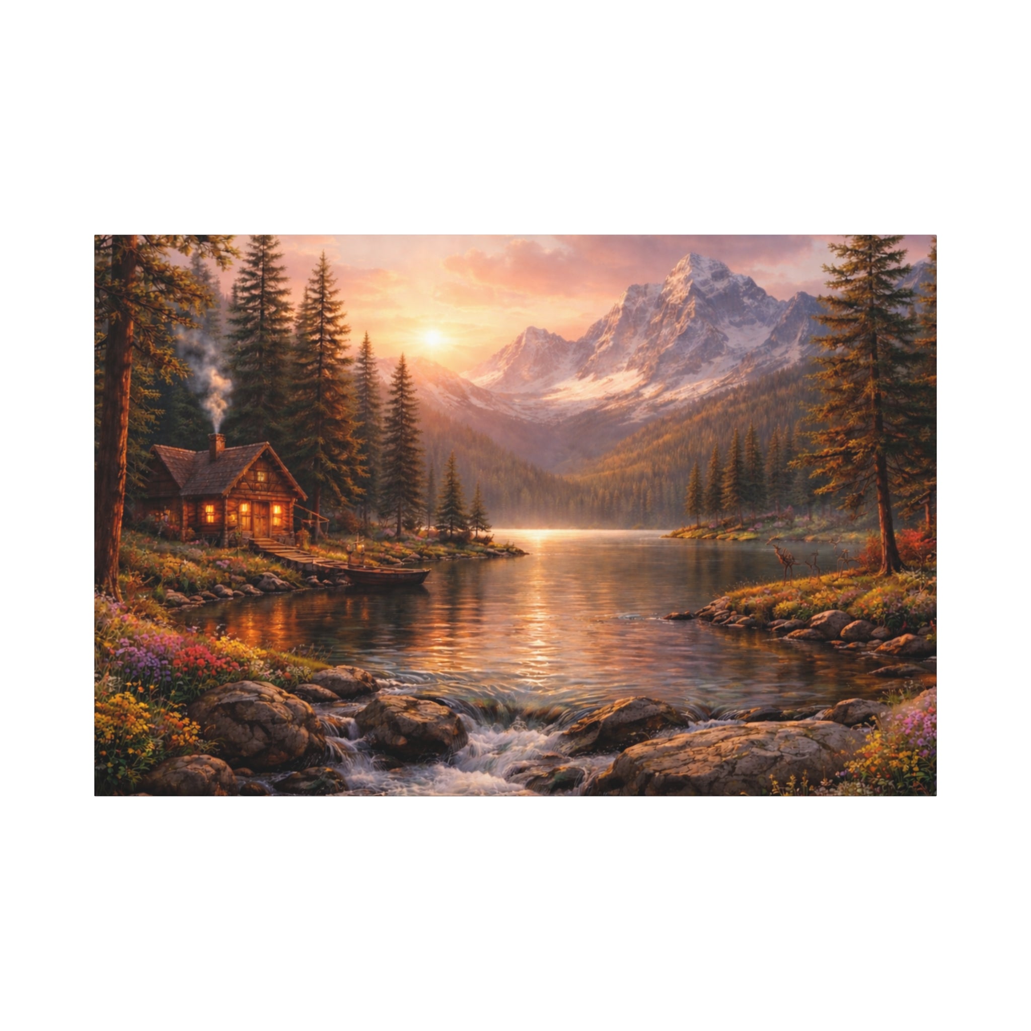 Mountain Lake Cabin Matte Canvas Print - Sunset Landscape Wall Art - Mountain Art canvases