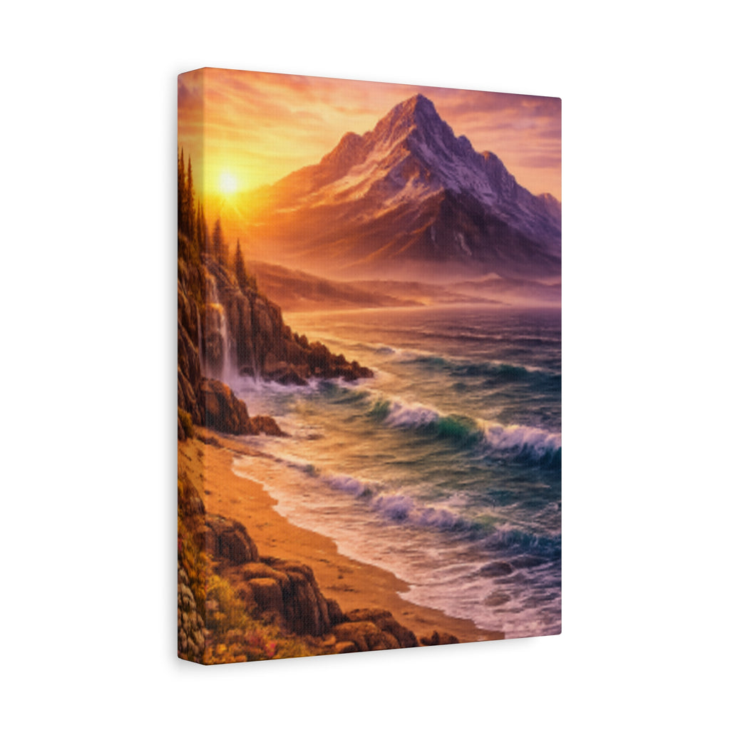 Sunset Mountain Shore Canvas Print - Matte Stretched Wall Art - Mountain and beach Canvas