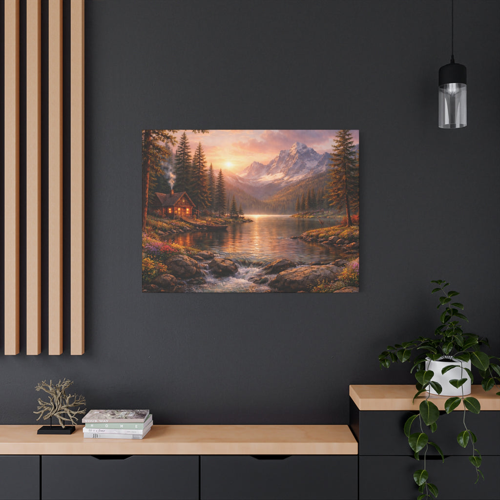 Mountain Lake Cabin Matte Canvas Print - Sunset Landscape Wall Art - Mountain Art canvases