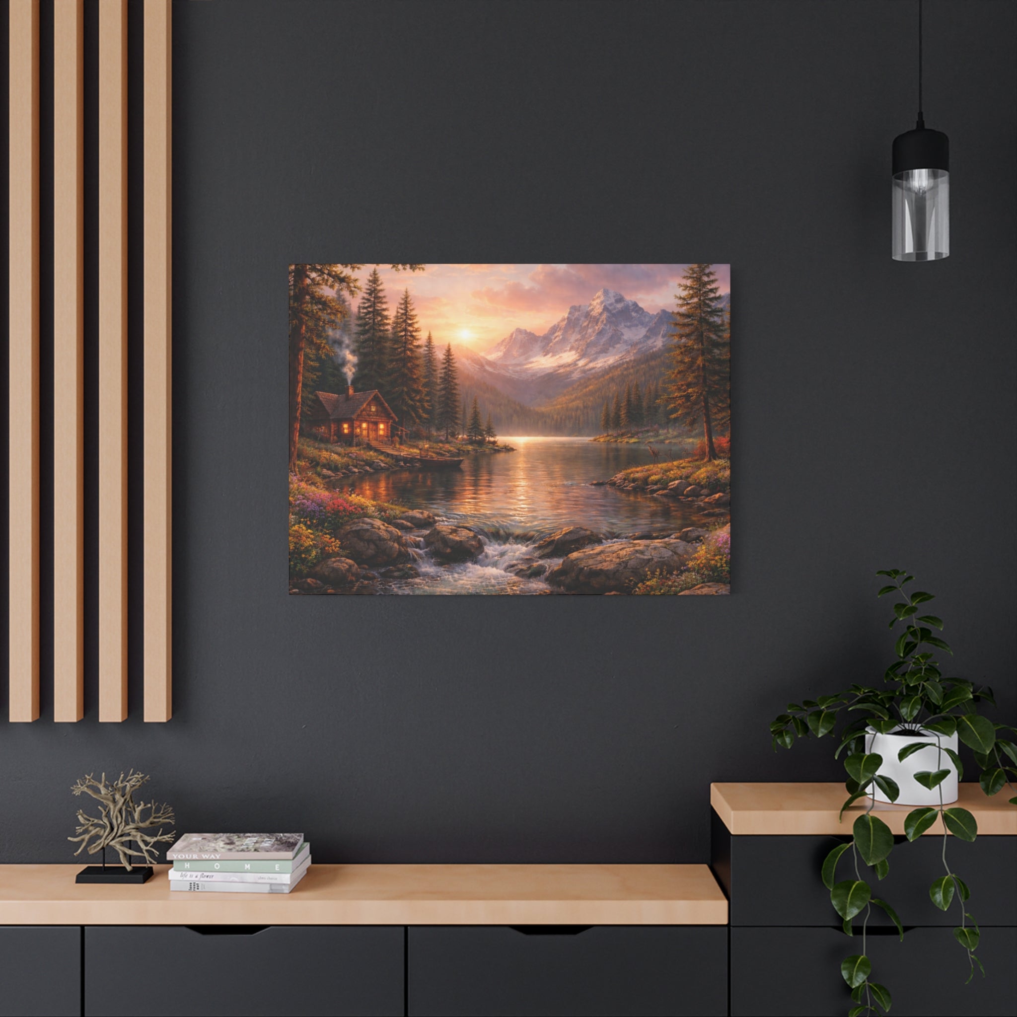 Mountain Lake Cabin Matte Canvas Print - Sunset Landscape Wall Art - Mountain Art canvases