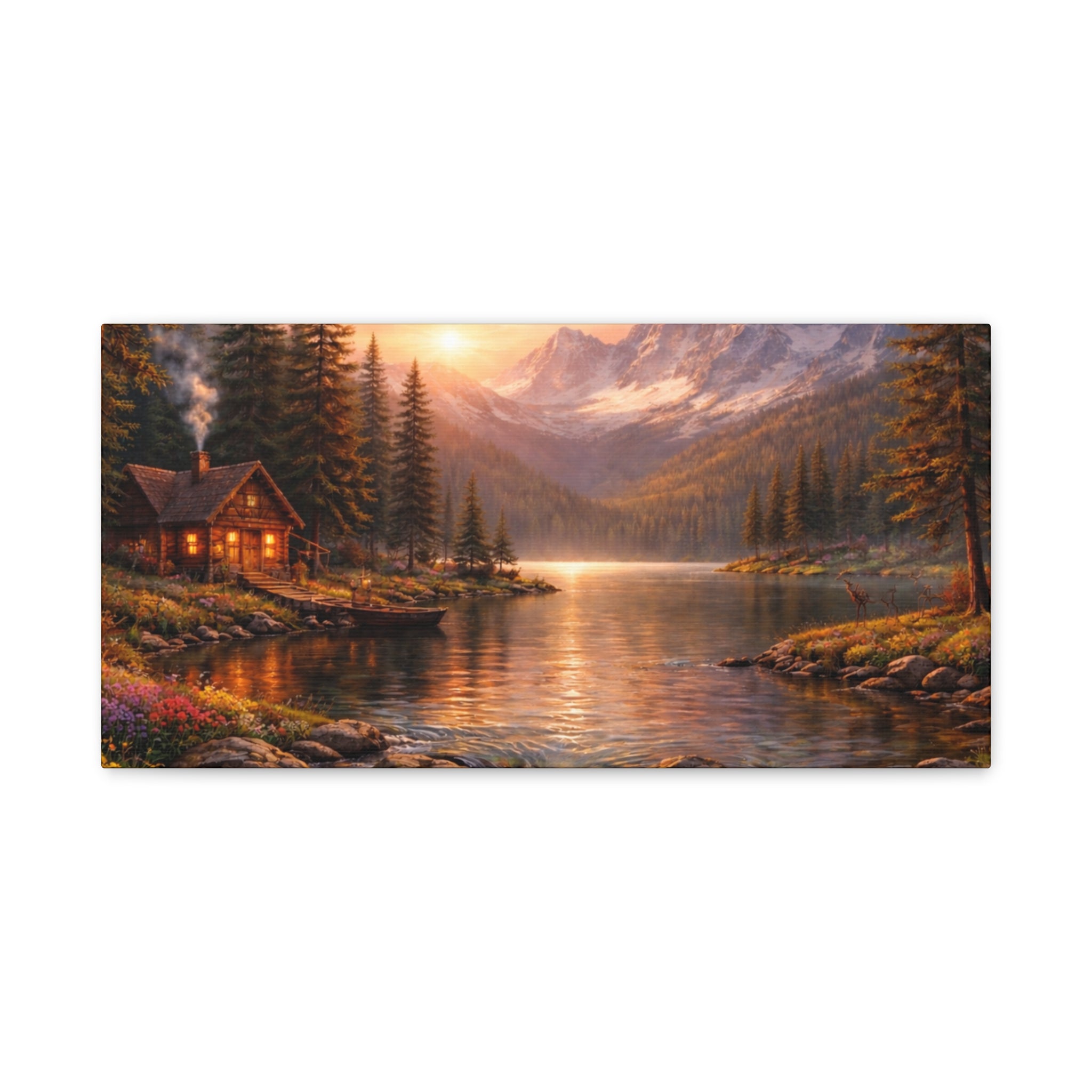 Mountain Lake Cabin Matte Canvas Print - Sunset Landscape Wall Art - Mountain Art canvases