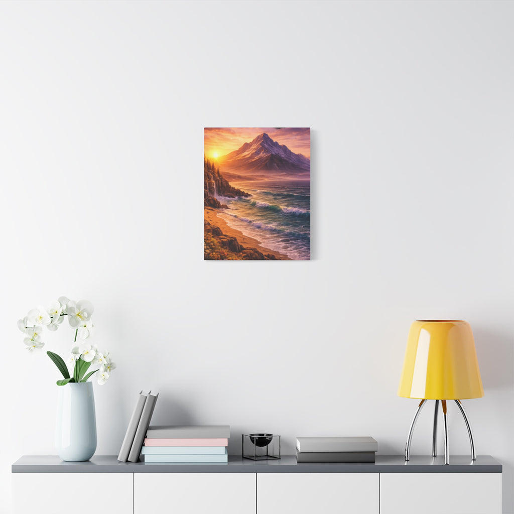 Sunset Mountain Shore Canvas Print - Matte Stretched Wall Art - Mountain and beach Canvas