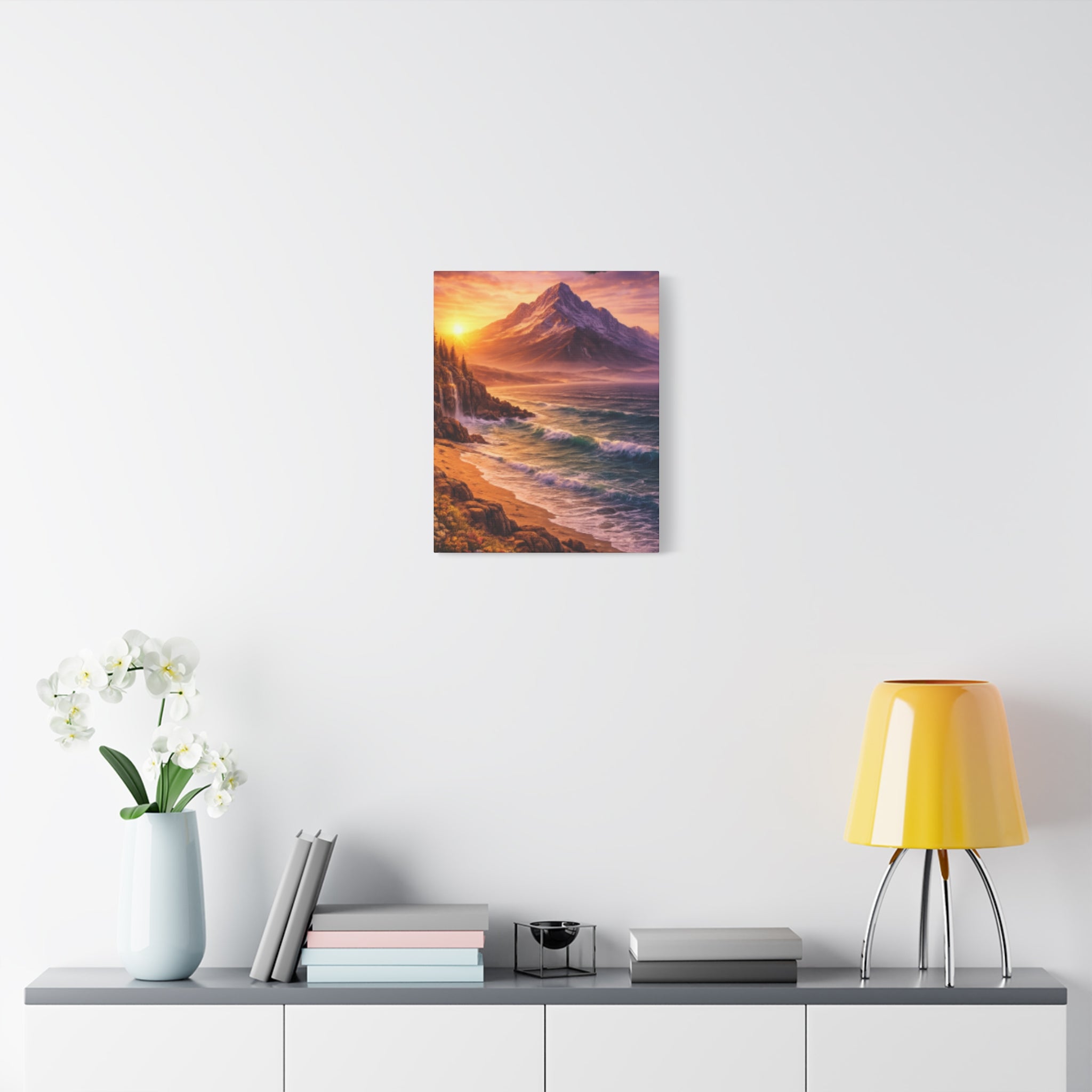 Sunset Mountain Shore Canvas Print - Matte Stretched Wall Art - Mountain and beach Canvas