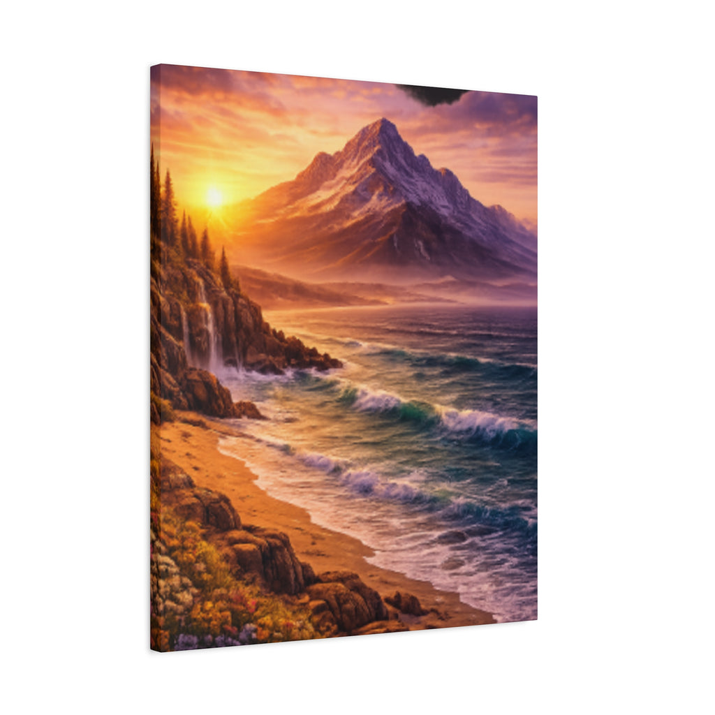 Sunset Mountain Shore Canvas Print - Matte Stretched Wall Art - Mountain and beach Canvas