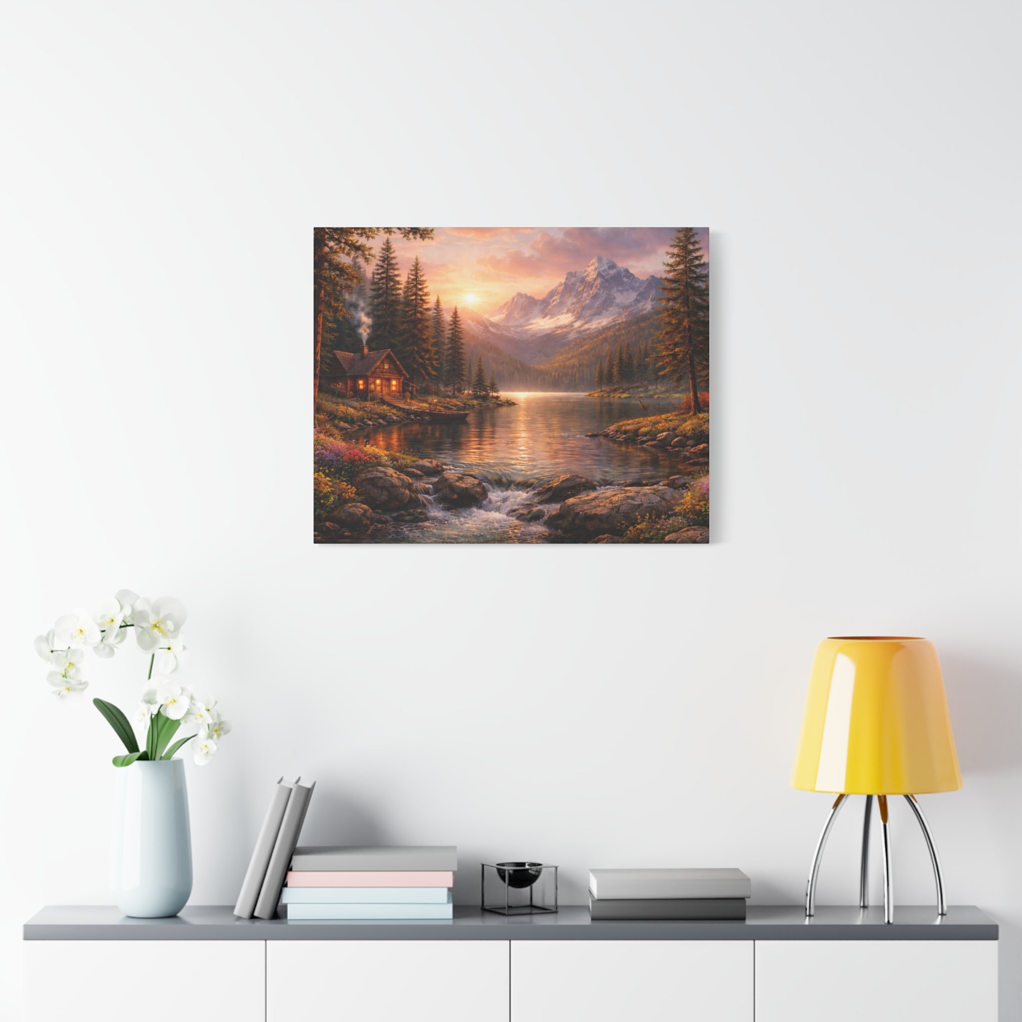 Mountain Lake Cabin Matte Canvas Print - Sunset Landscape Wall Art - Mountain Art canvases