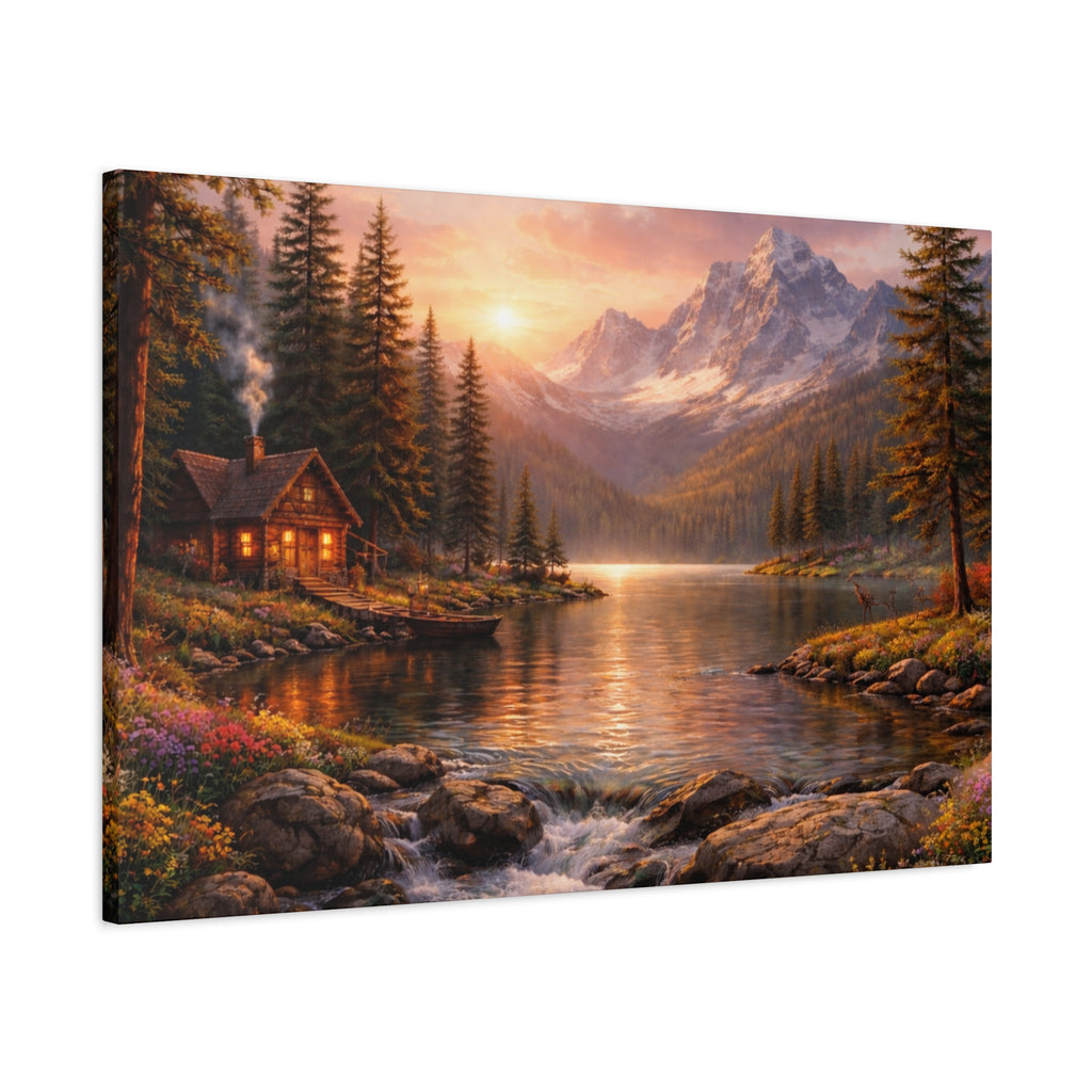 Mountain Lake Cabin Matte Canvas Print - Sunset Landscape Wall Art - Mountain Art canvases
