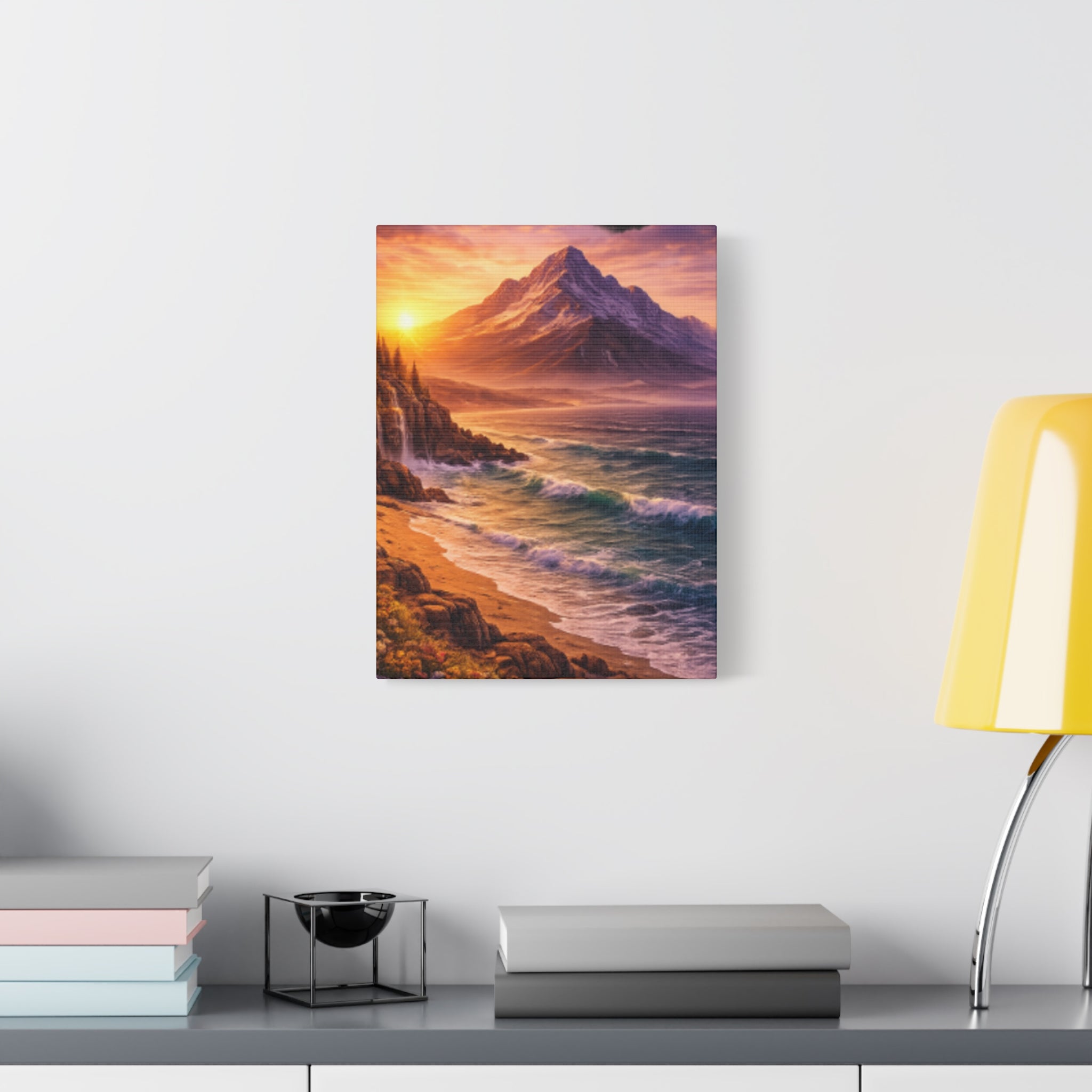 Sunset Mountain Shore Canvas Print - Matte Stretched Wall Art - Mountain and beach Canvas