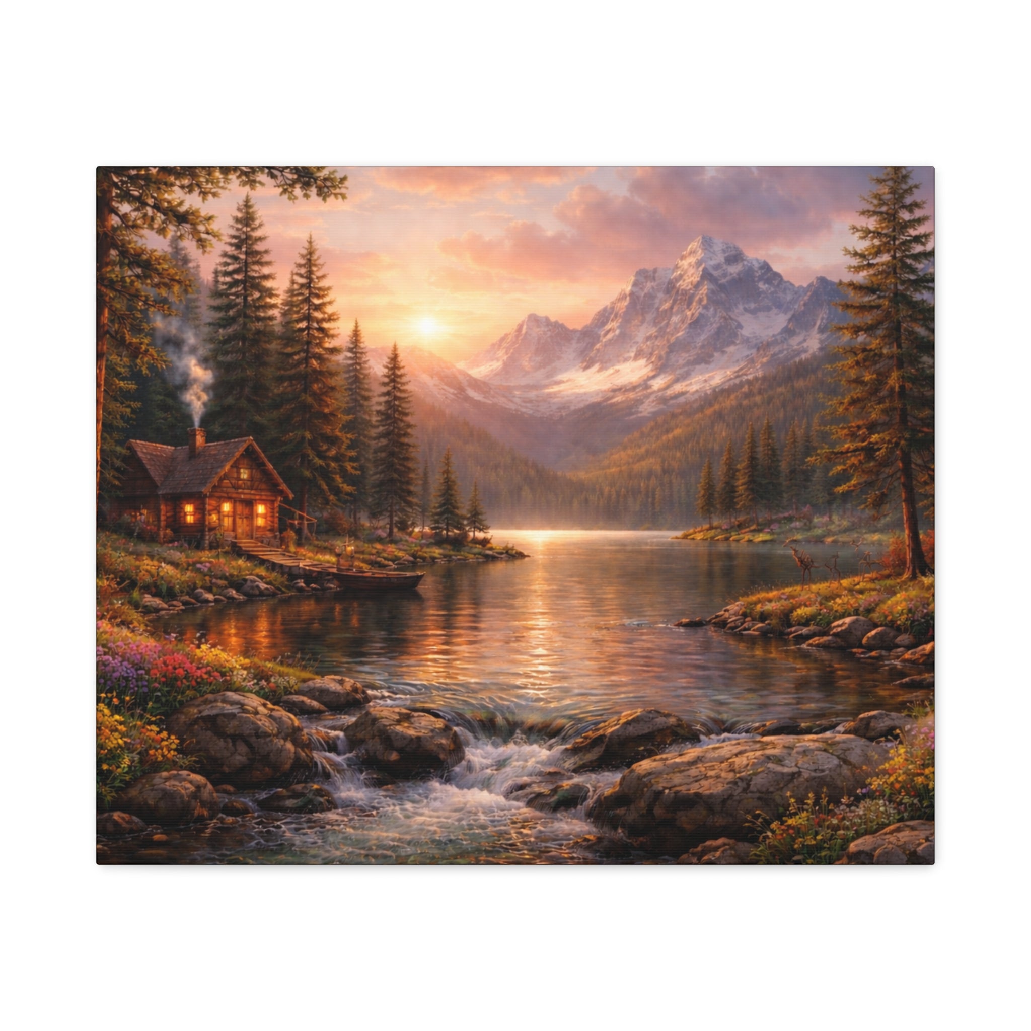 Mountain Lake Cabin Matte Canvas Print - Sunset Landscape Wall Art - Mountain Art canvases