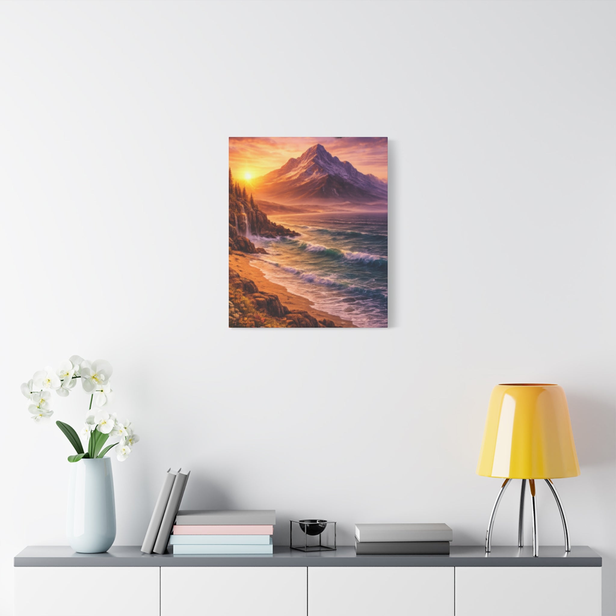 Sunset Mountain Shore Canvas Print - Matte Stretched Wall Art - Mountain and beach Canvas