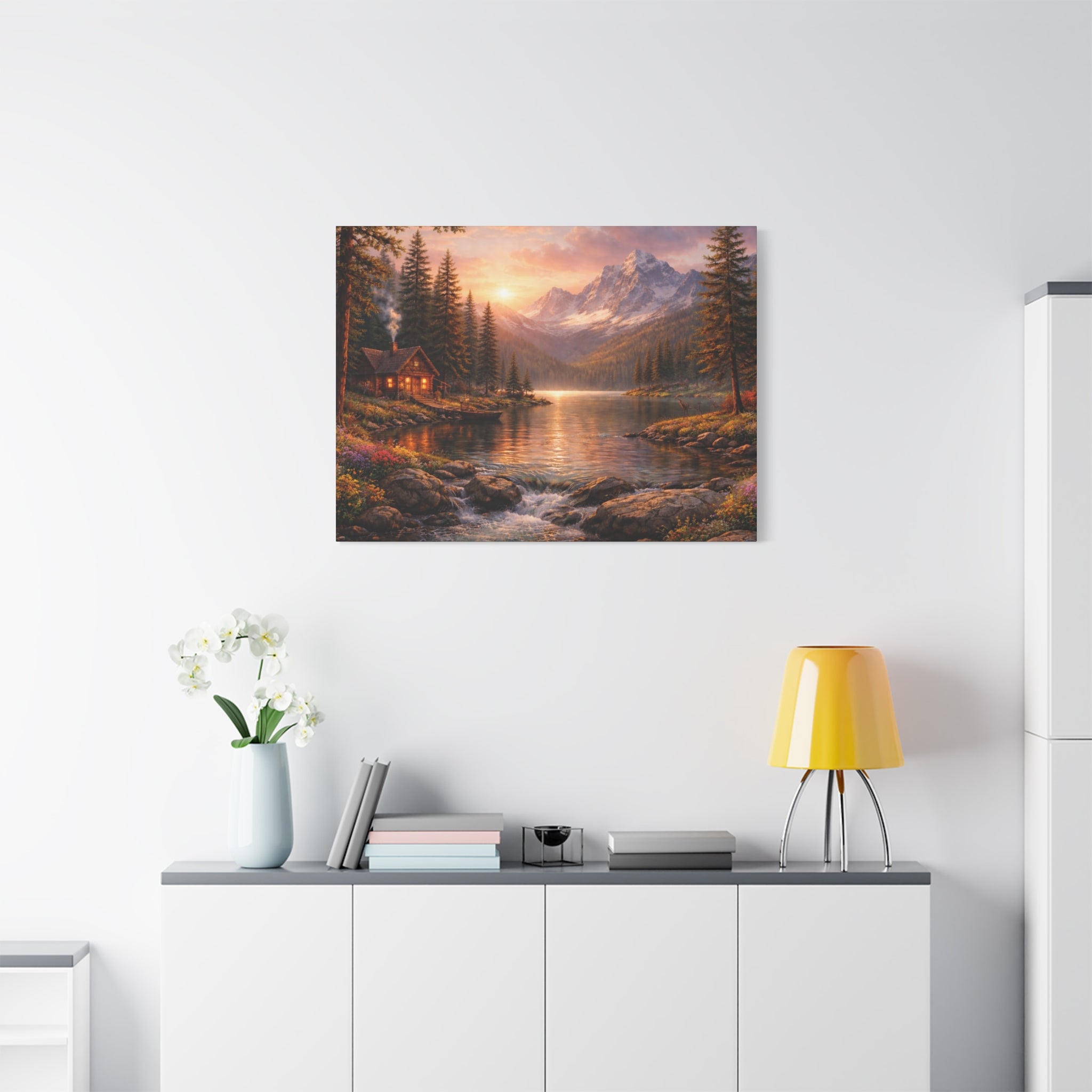 Mountain Lake Cabin Matte Canvas Print - Sunset Landscape Wall Art - Mountain Art canvases