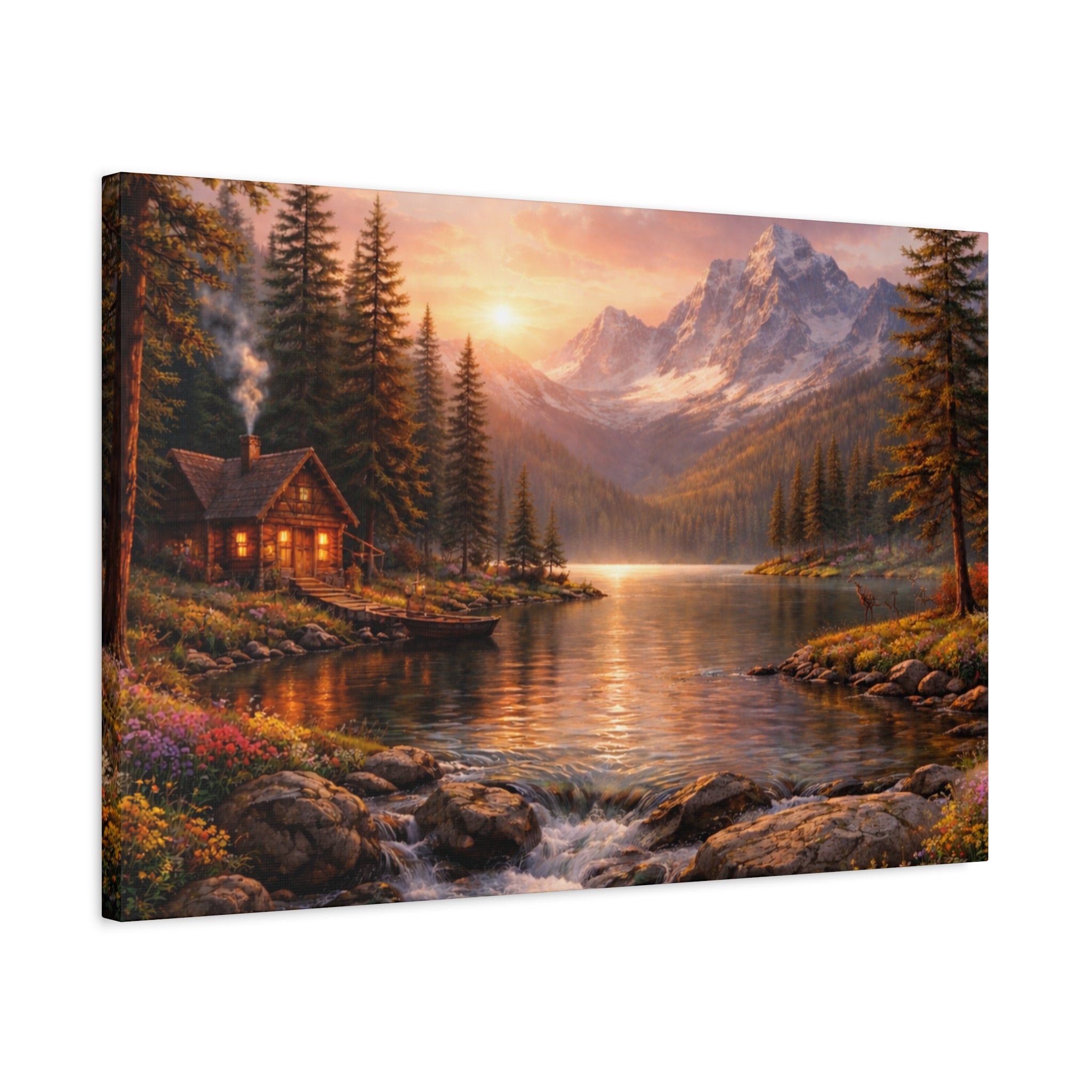 Mountain Lake Cabin Matte Canvas Print - Sunset Landscape Wall Art - Mountain Art canvases