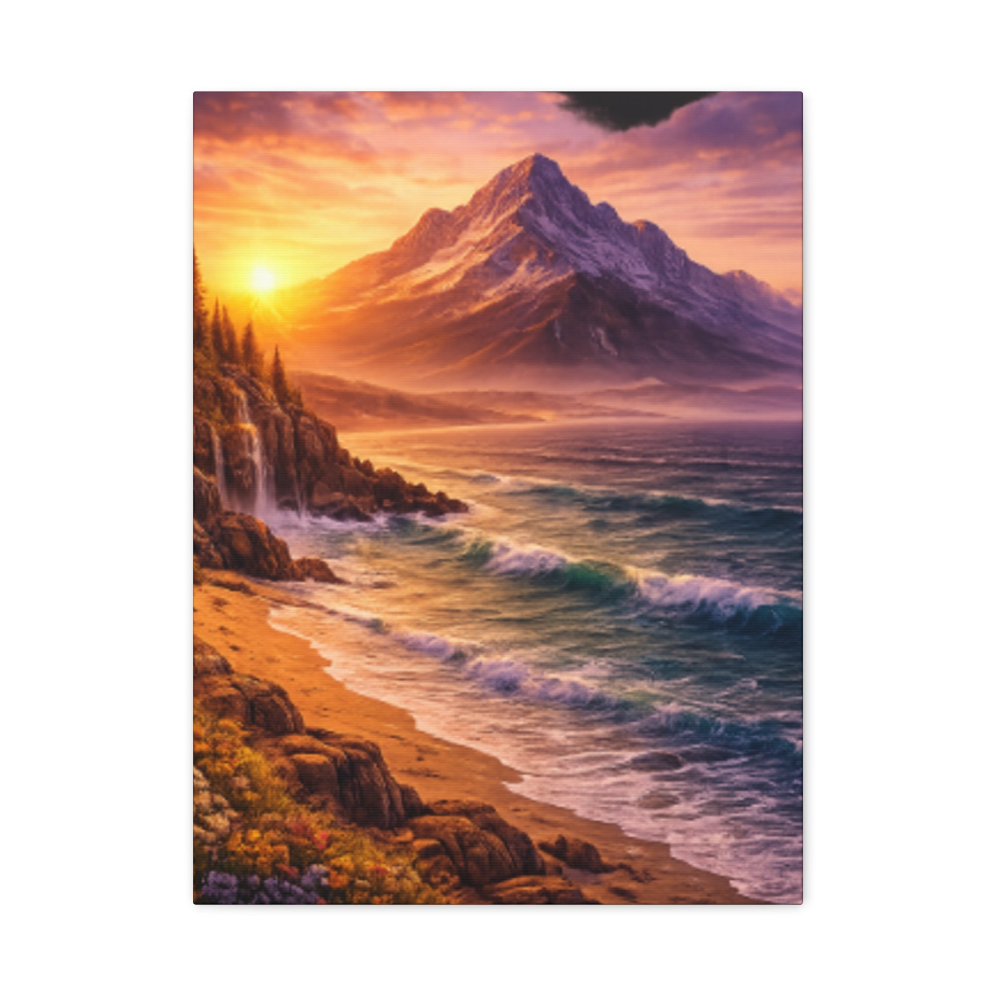 Sunset Mountain Shore Canvas Print - Matte Stretched Wall Art - Mountain and beach Canvas