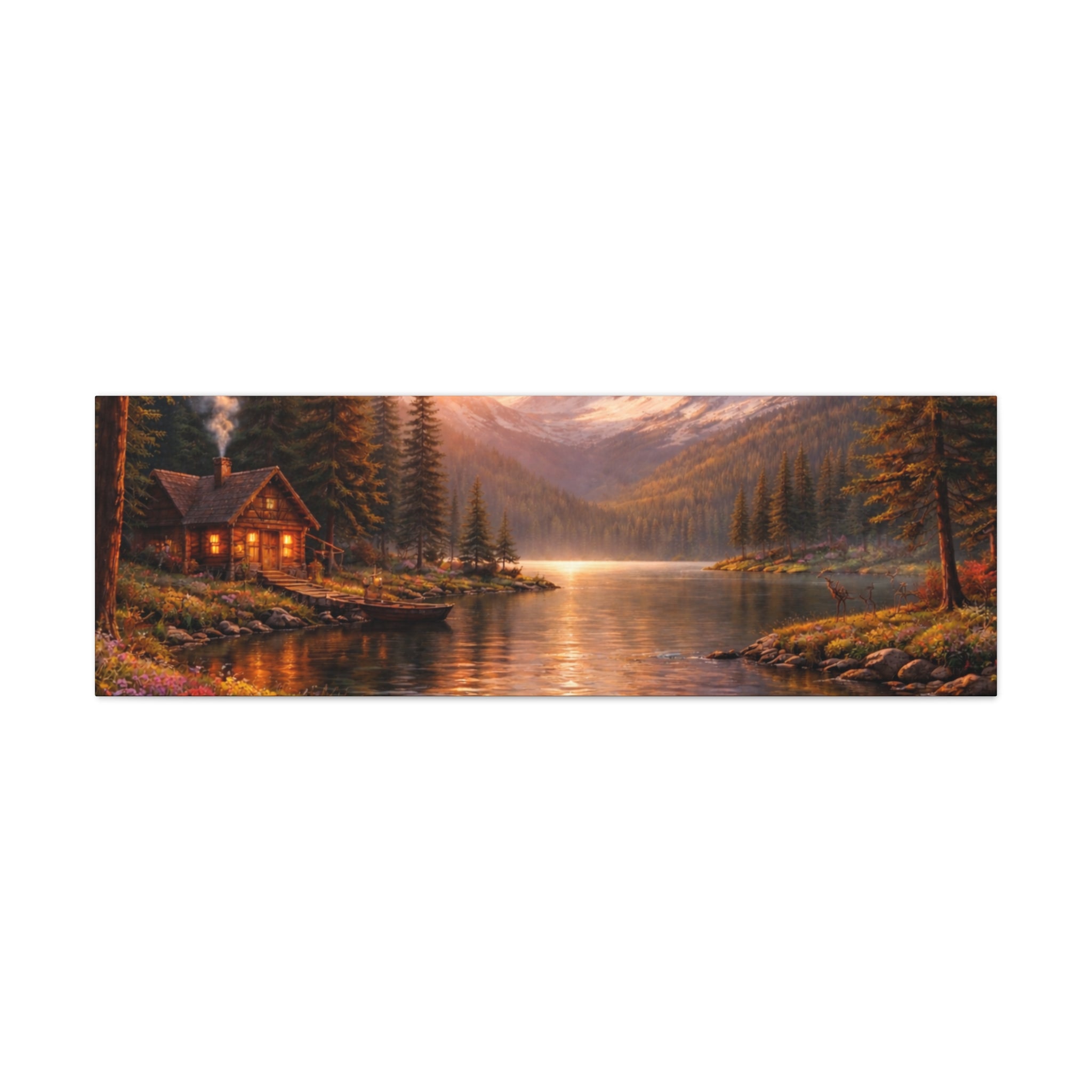 Mountain Lake Cabin Matte Canvas Print - Sunset Landscape Wall Art - Mountain Art canvases