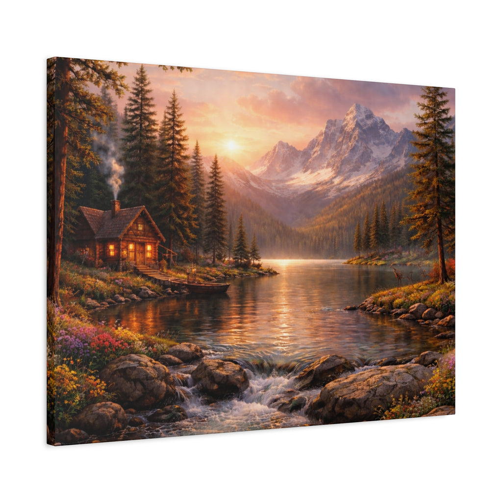 Mountain Lake Cabin Matte Canvas Print - Sunset Landscape Wall Art - Mountain Art canvases