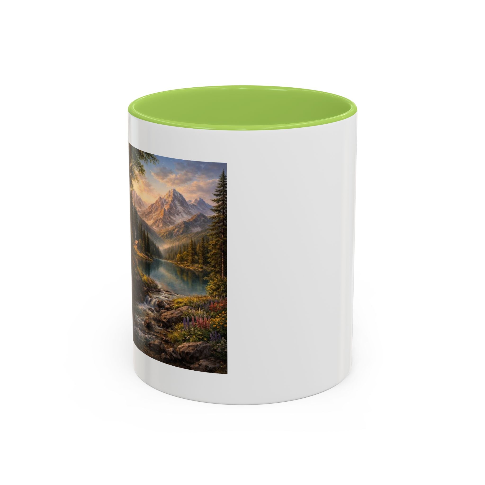 Mountain Lake Scenic Accent Coffee Mug — Nature Landscape Art for Outdoors Lovers