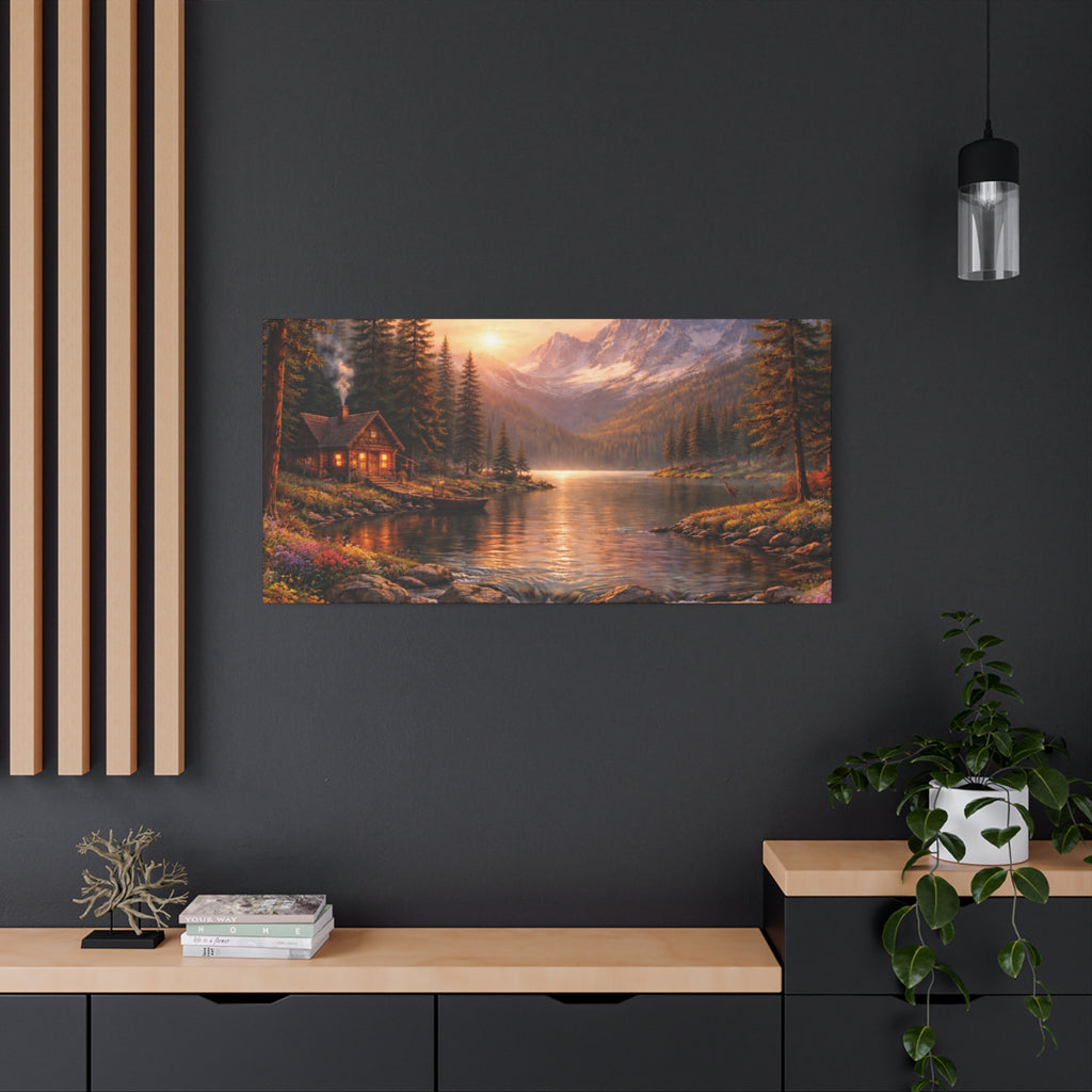 Mountain Lake Cabin Matte Canvas Print - Sunset Landscape Wall Art - Mountain Art canvases