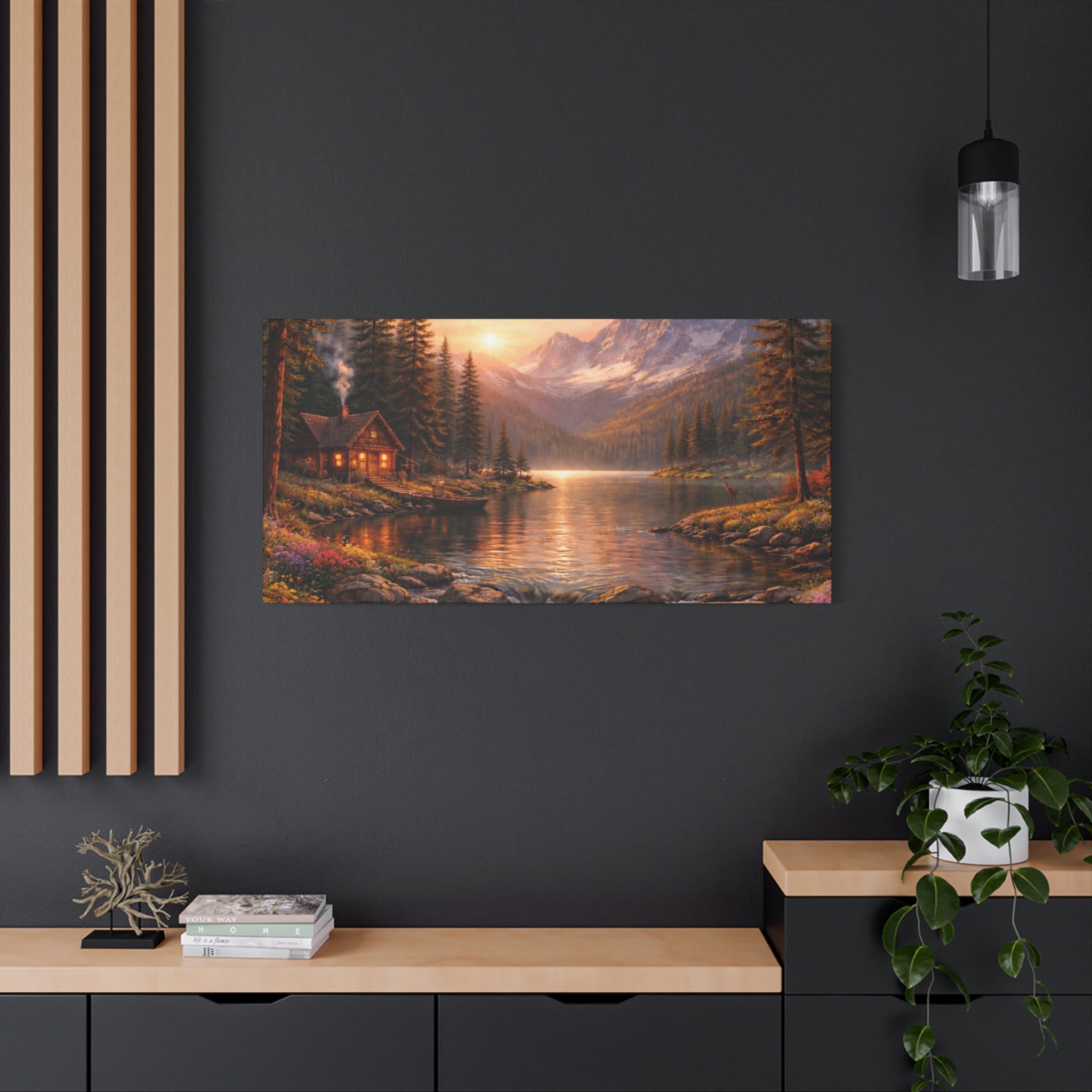 Mountain Lake Cabin Matte Canvas Print - Sunset Landscape Wall Art - Mountain Art canvases