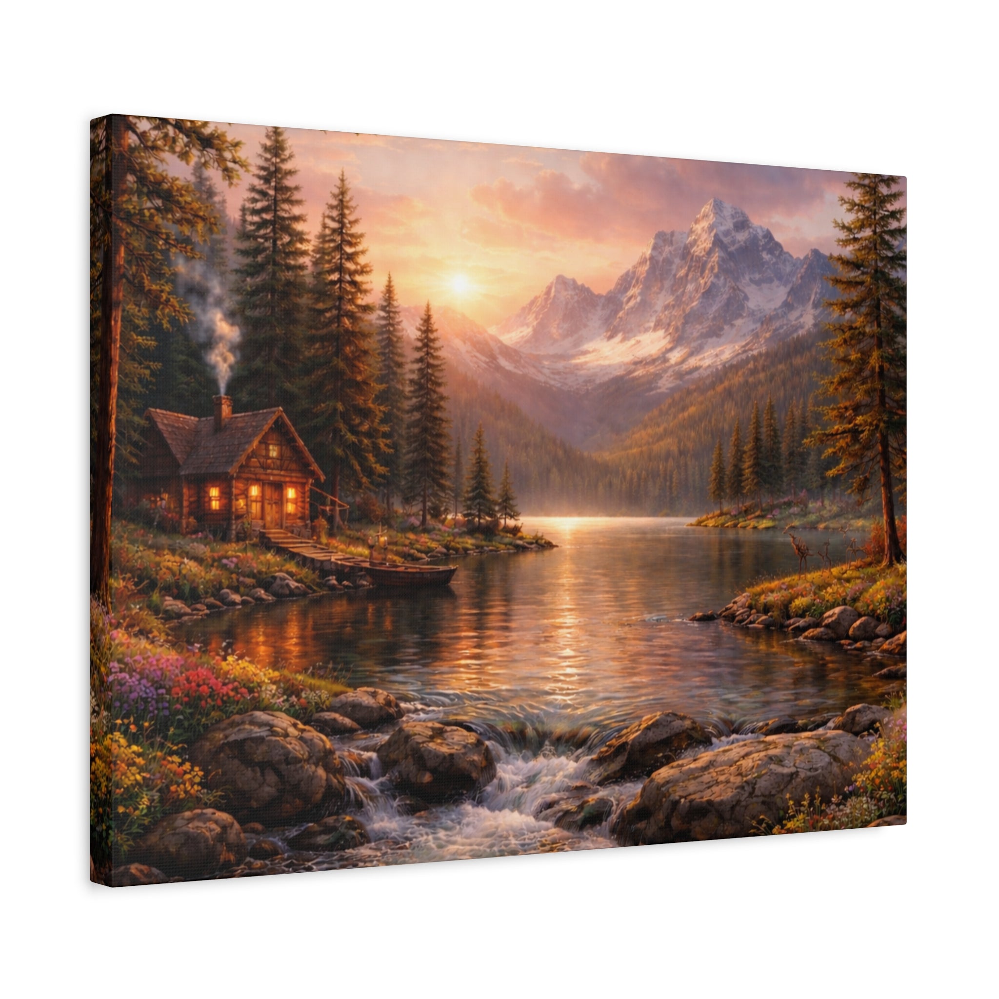 Mountain Lake Cabin Matte Canvas Print - Sunset Landscape Wall Art - Mountain Art canvases