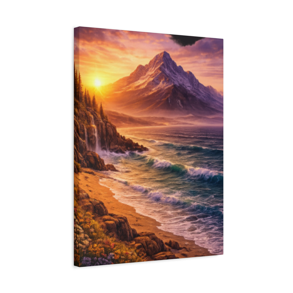 Sunset Mountain Shore Canvas Print - Matte Stretched Wall Art - Mountain and beach Canvas
