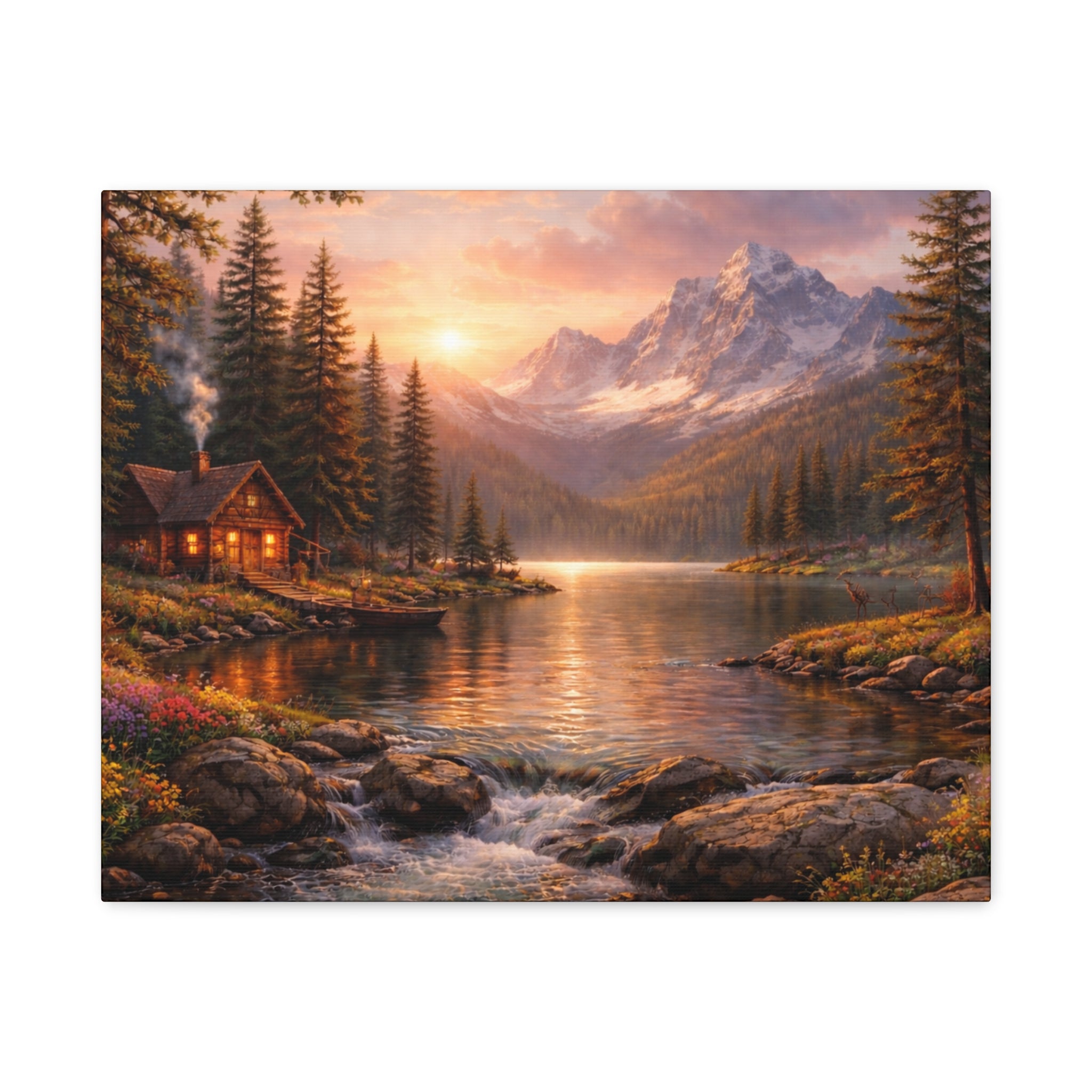 Mountain Lake Cabin Matte Canvas Print - Sunset Landscape Wall Art - Mountain Art canvases