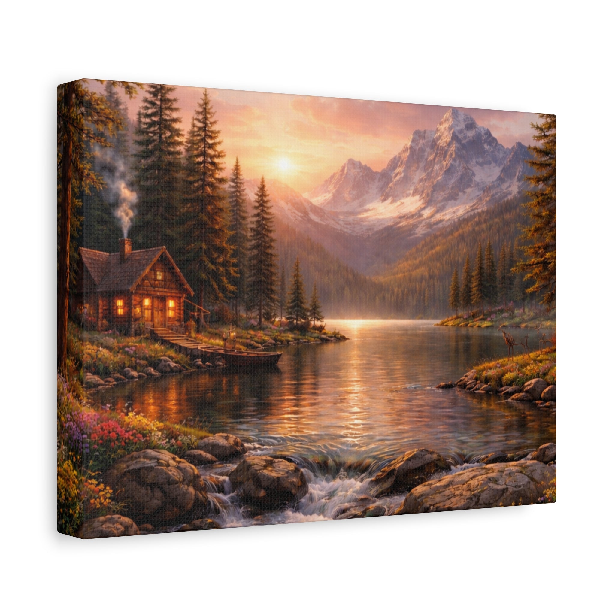 Mountain Lake Cabin Matte Canvas Print - Sunset Landscape Wall Art - Mountain Art canvases