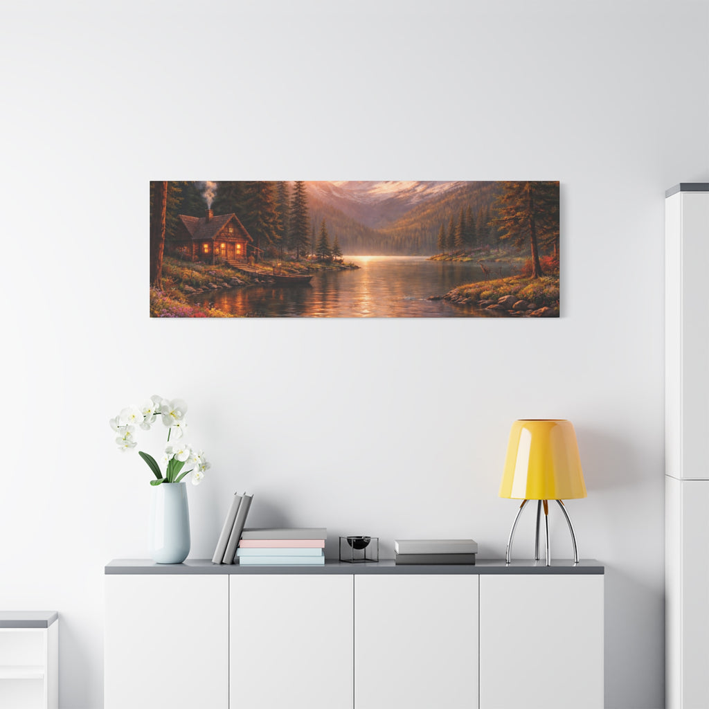 Mountain Lake Cabin Matte Canvas Print - Sunset Landscape Wall Art - Mountain Art canvases