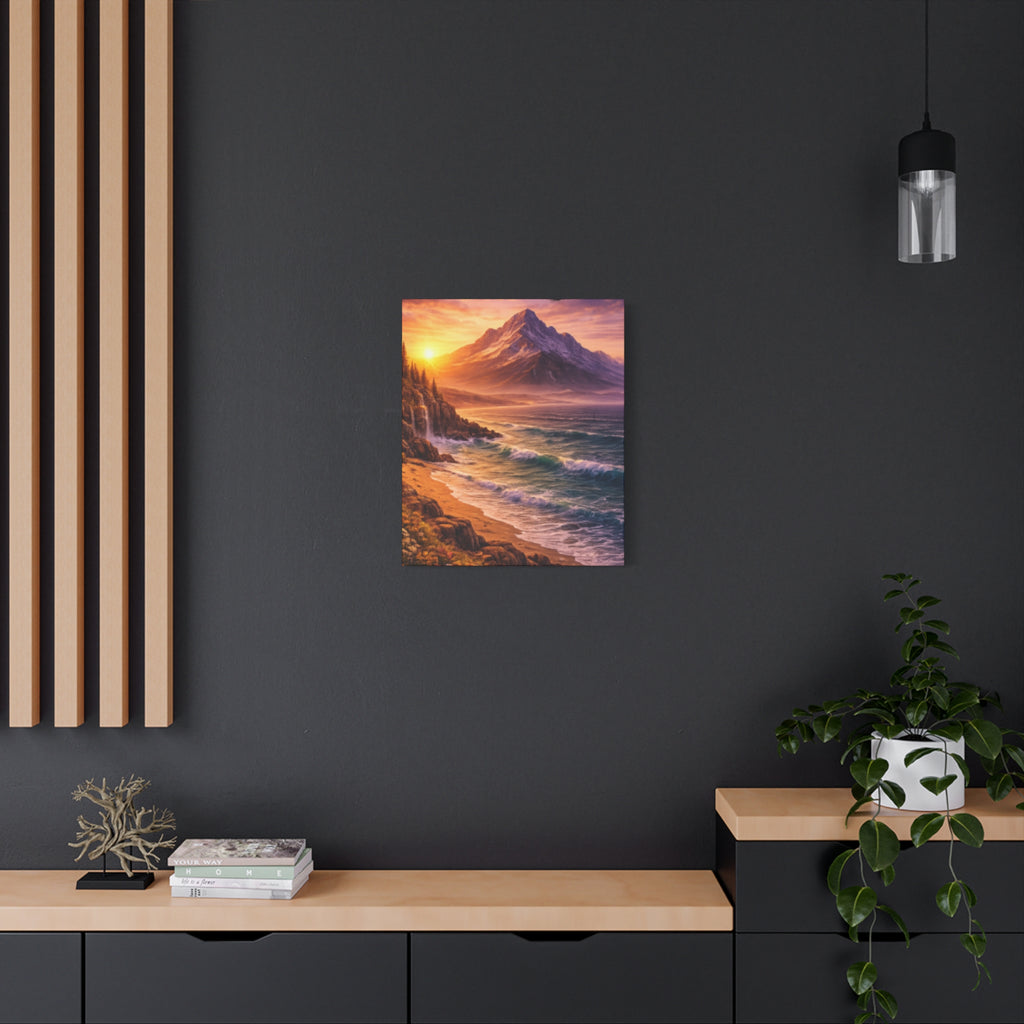 Sunset Mountain Shore Canvas Print - Matte Stretched Wall Art - Mountain and beach Canvas
