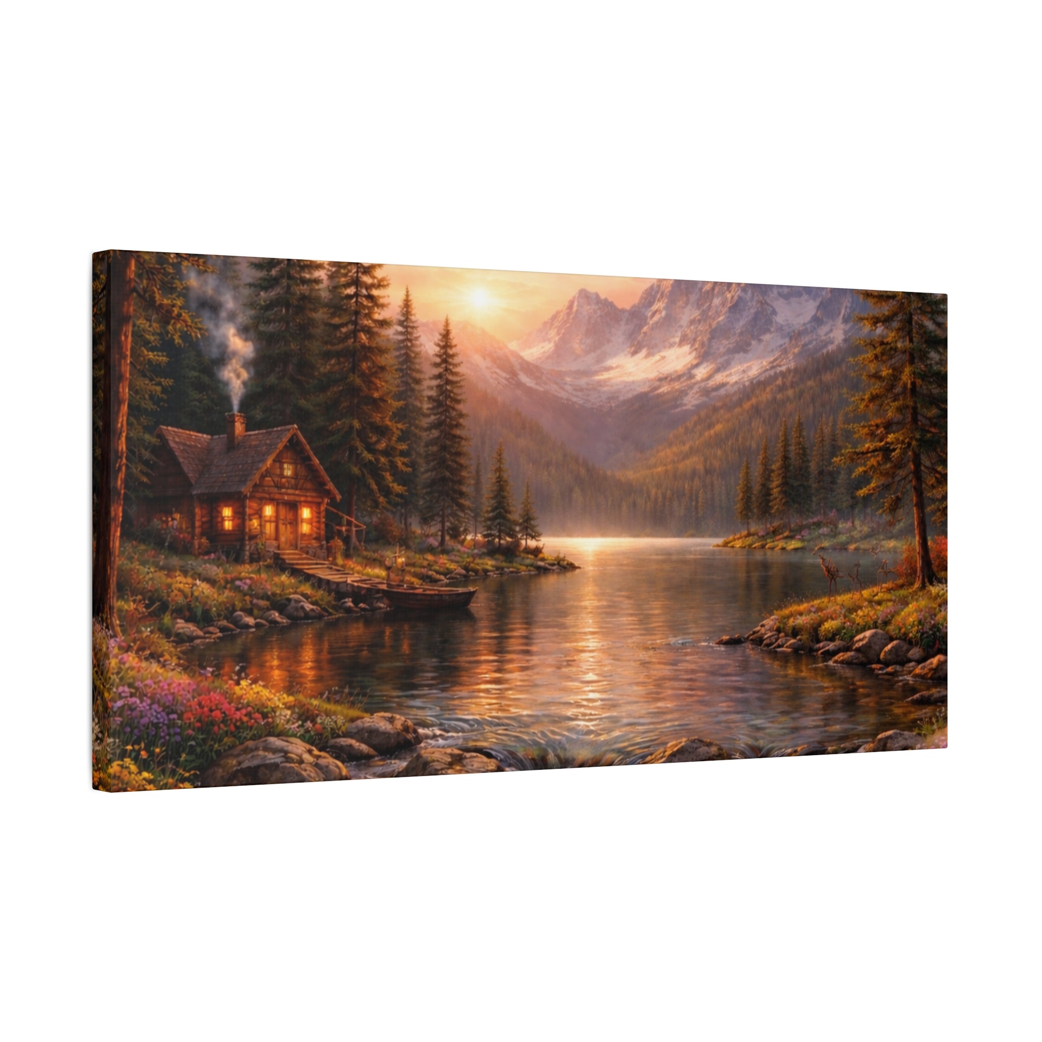 Mountain Lake Cabin Matte Canvas Print - Sunset Landscape Wall Art - Mountain Art canvases