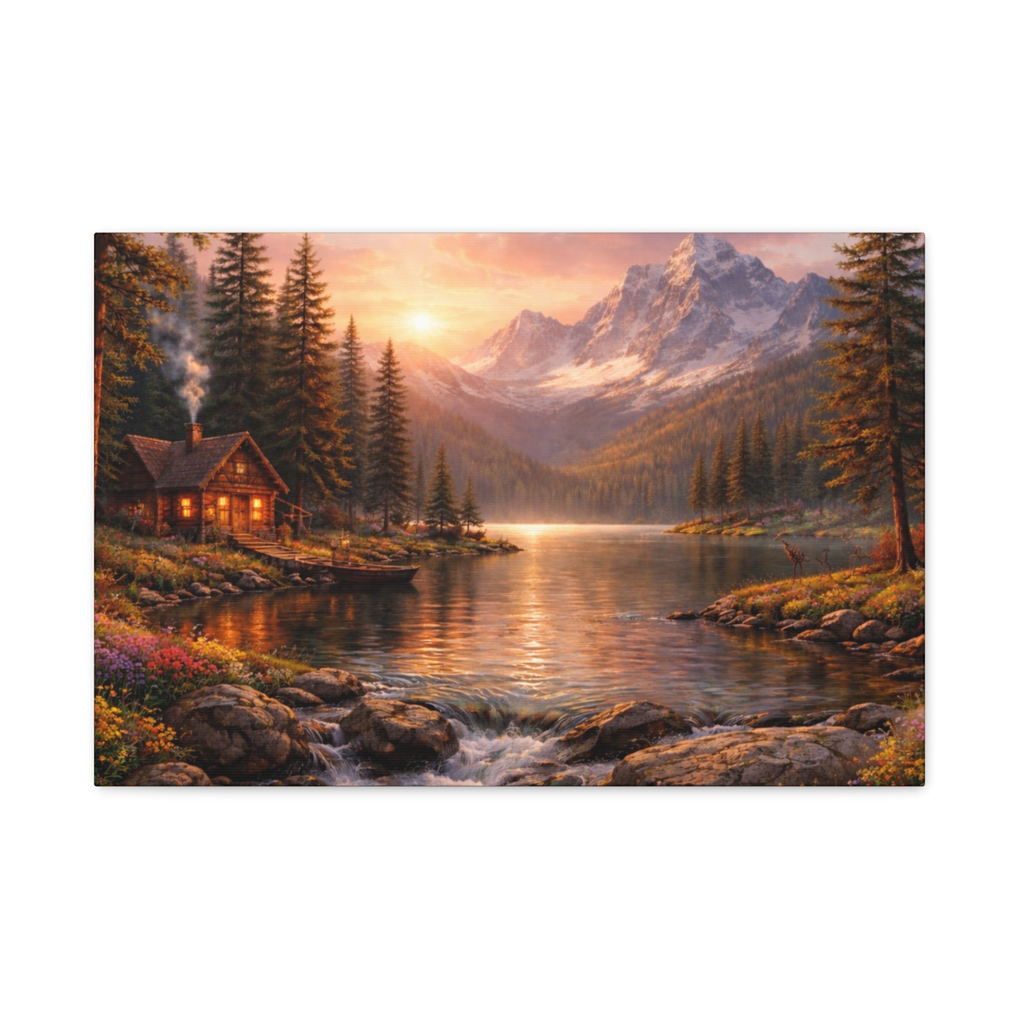Mountain Lake Cabin Matte Canvas Print - Sunset Landscape Wall Art - Mountain Art canvases