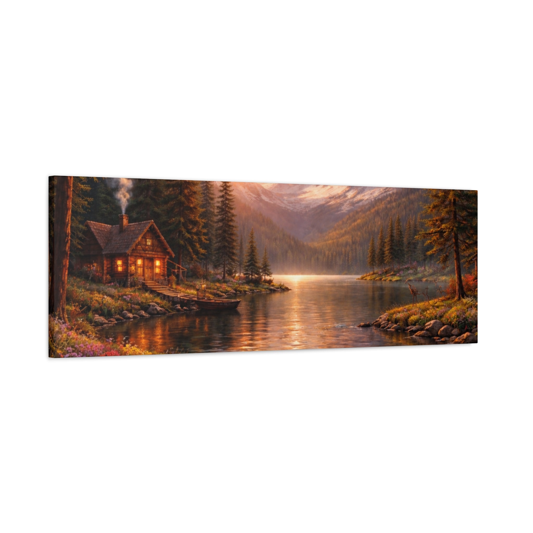 Mountain Lake Cabin Matte Canvas Print - Sunset Landscape Wall Art - Mountain Art canvases